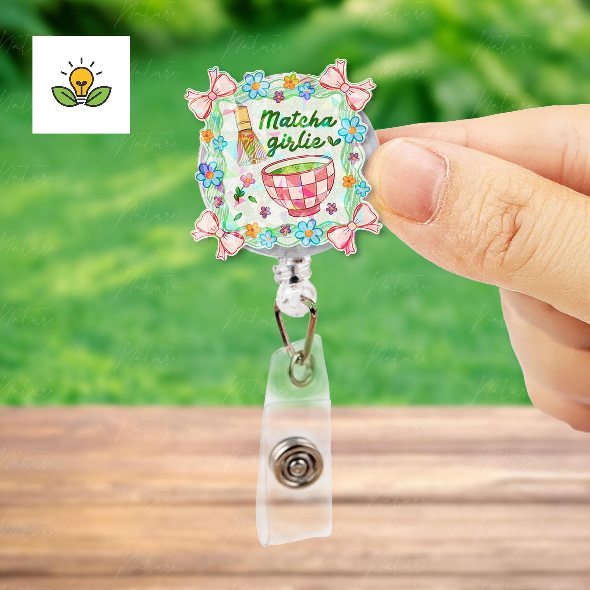 Matcha Girlie Retractable Badge Reel, Cute Floral ID Holder, Kawaii Tea Lover Accessory, Nurse Teacher Student Gift, Office ID Badge Clip