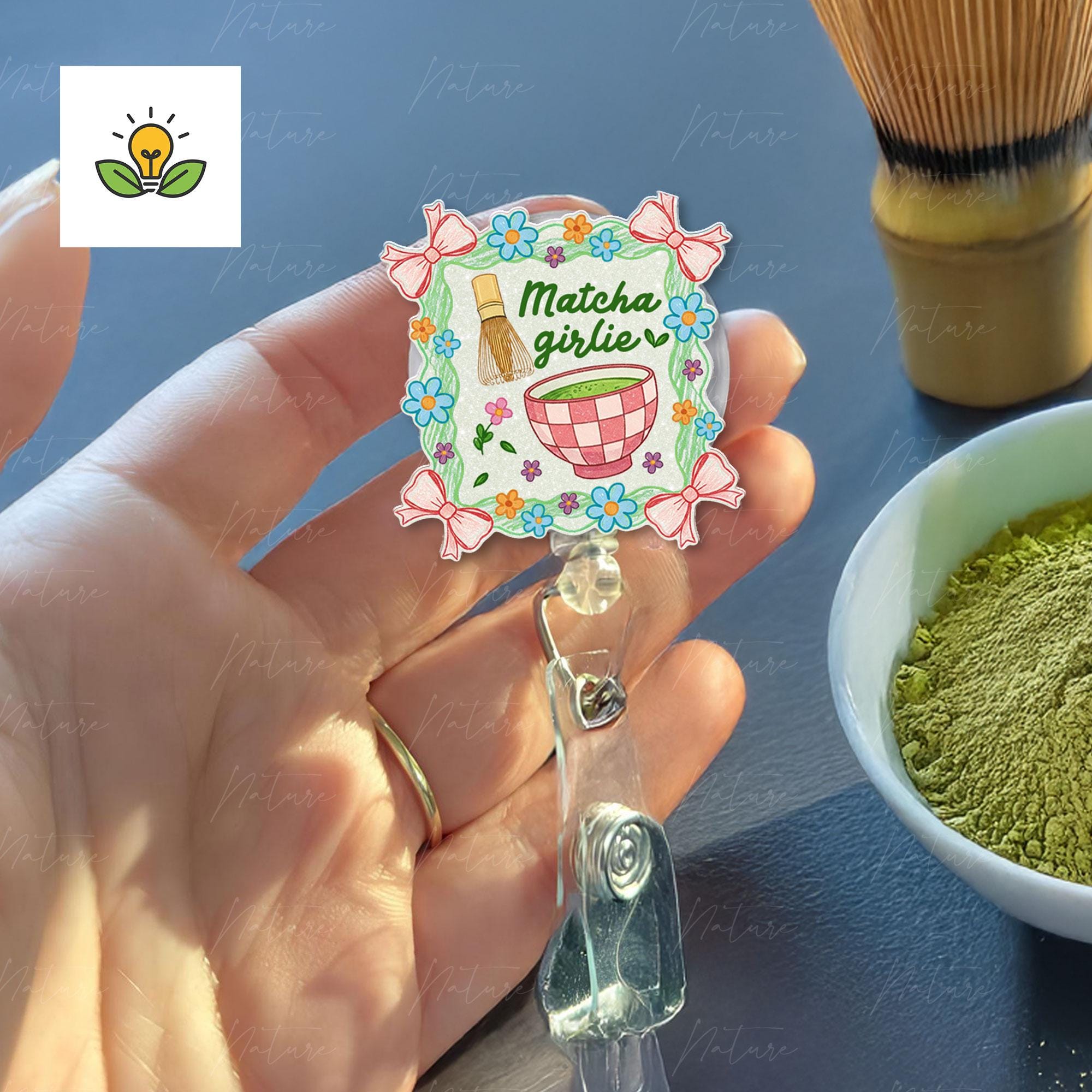 Matcha Girlie Retractable Badge Reel, Cute Floral ID Holder, Kawaii Tea Lover Accessory, Nurse Teacher Student Gift, Office ID Badge Clip