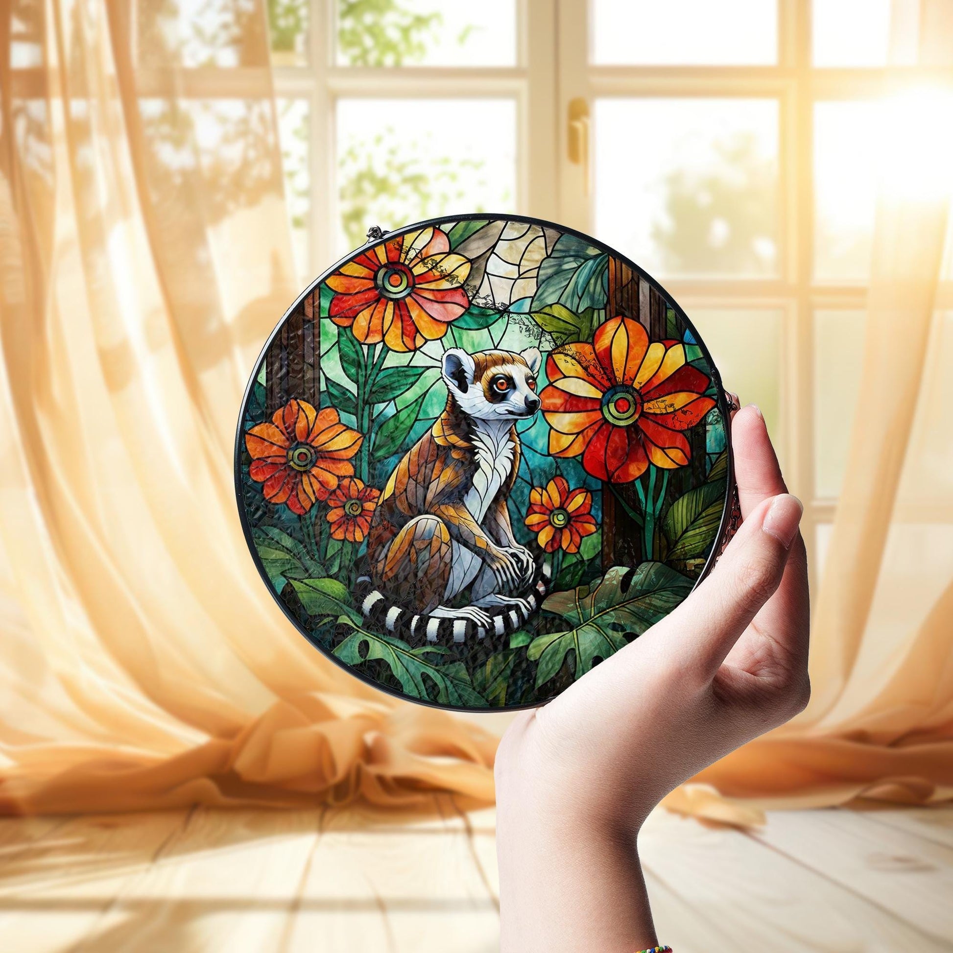 Lemur with Tropical Flowers Glass Suncatcher – Jungle Decor, Exotic Animal Lover Gift, Tropical Window Hanging, Wildlife Art Decor