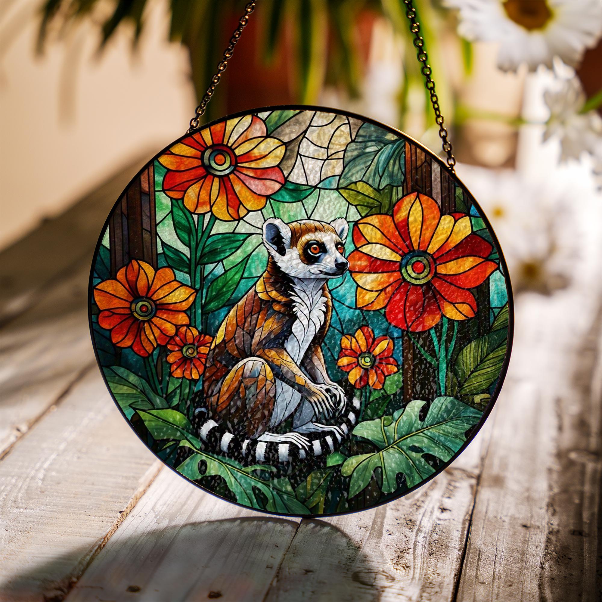 Lemur with Tropical Flowers Glass Suncatcher – Jungle Decor, Exotic Animal Lover Gift, Tropical Window Hanging, Wildlife Art Decor