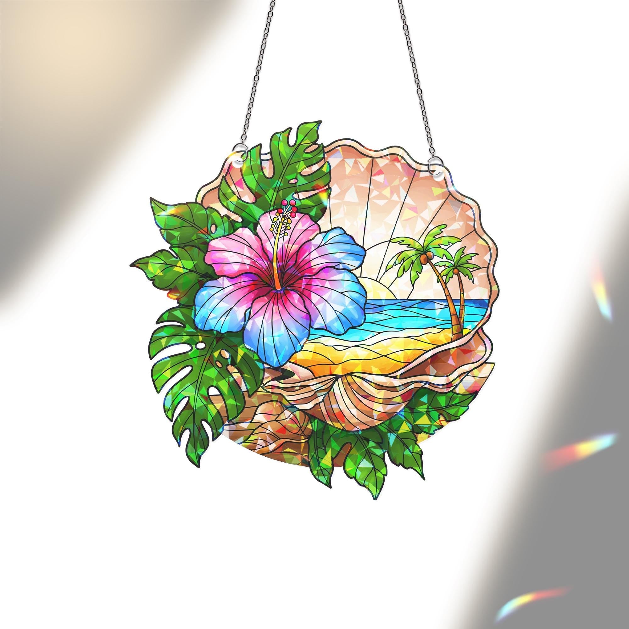 Seashell with Beach Hologram Acrylic Window Hanging – Coastal Decor, Ocean Lover Gift, Nautical Sun Catcher, Beach House Art