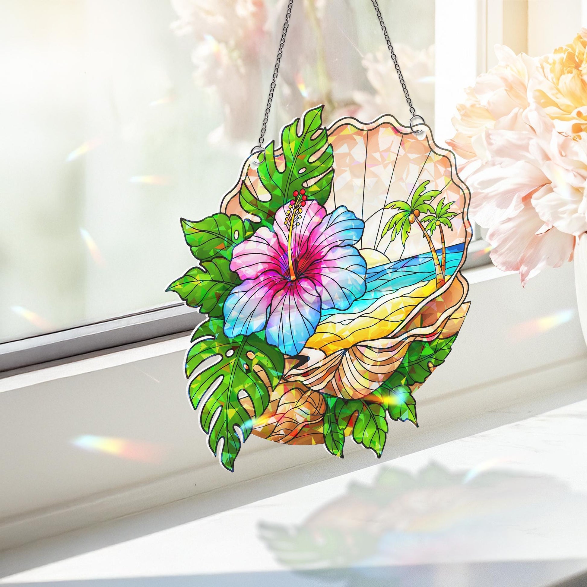 Seashell with Beach Hologram Acrylic Window Hanging – Coastal Decor, Ocean Lover Gift, Nautical Sun Catcher, Beach House Art