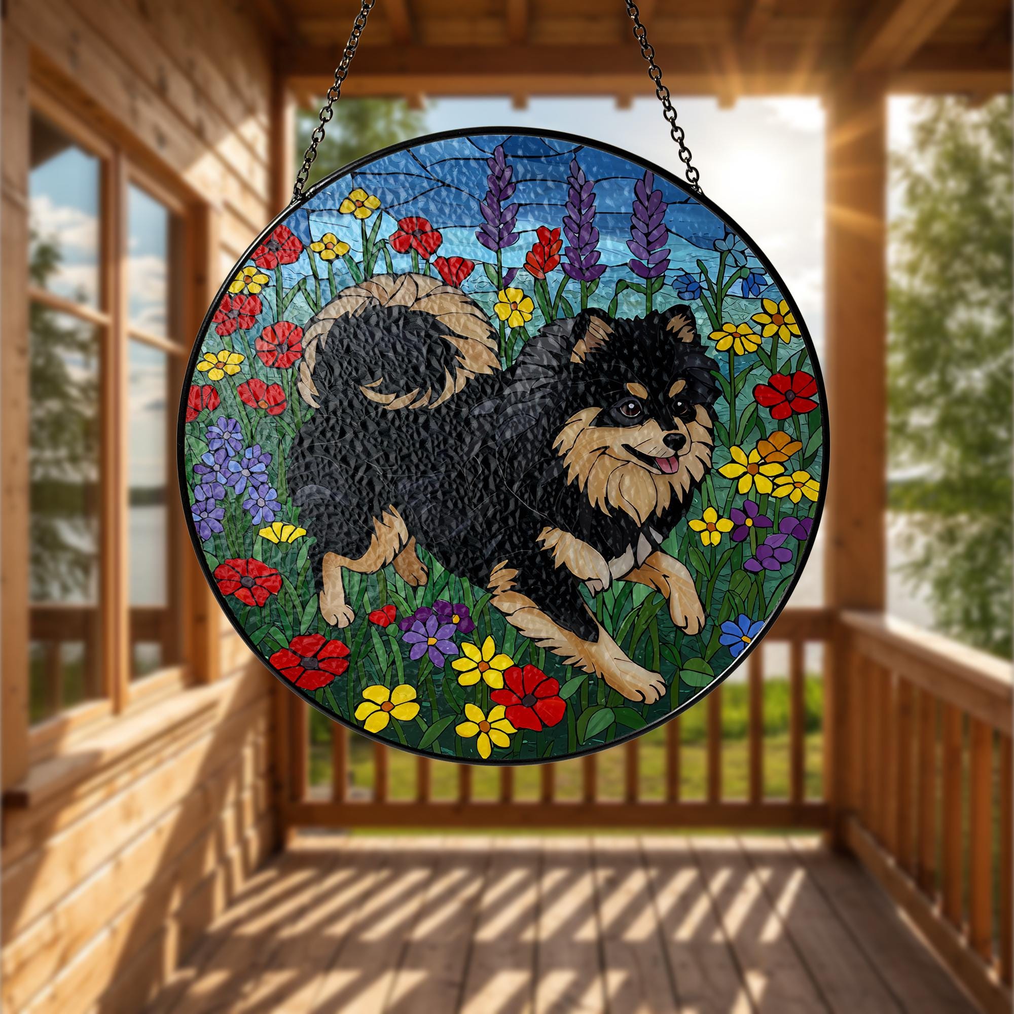 Black and Tan Pomeranian Glass Suncatcher, Stained Glass Dog Decor, Pet Memorial Gift, Floral Window Hanging, Dog Lover Gift,Wildflower Gift