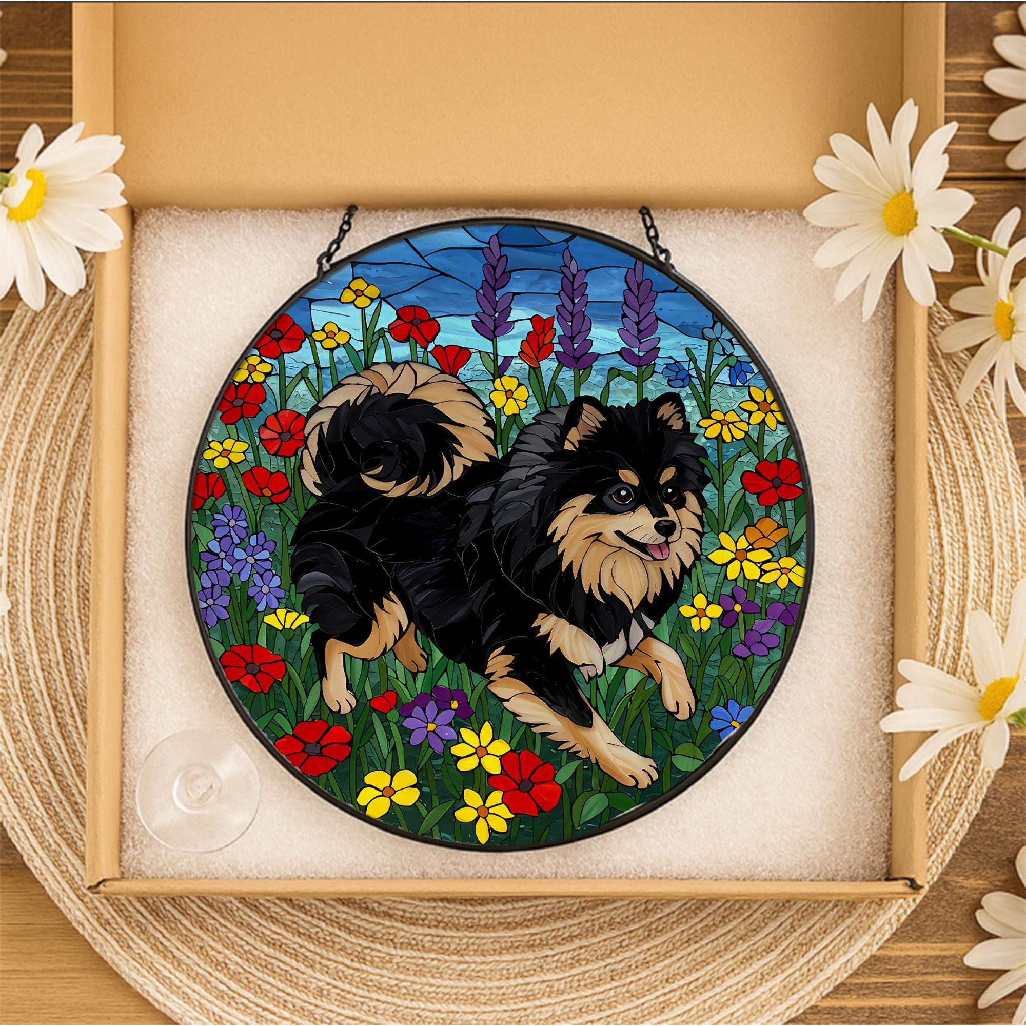 Black and Tan Pomeranian Glass Suncatcher, Stained Glass Dog Decor, Pet Memorial Gift, Floral Window Hanging, Dog Lover Gift,Wildflower Gift
