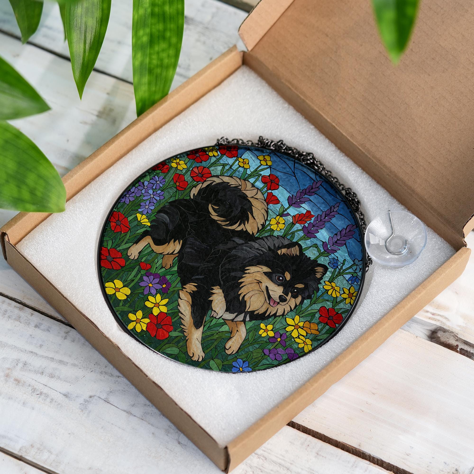 Black and Tan Pomeranian Glass Suncatcher, Stained Glass Dog Decor, Pet Memorial Gift, Floral Window Hanging, Dog Lover Gift,Wildflower Gift