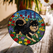 Black and Tan Pomeranian Glass Suncatcher, Stained Glass Dog Decor, Pet Memorial Gift, Floral Window Hanging, Dog Lover Gift,Wildflower Gift