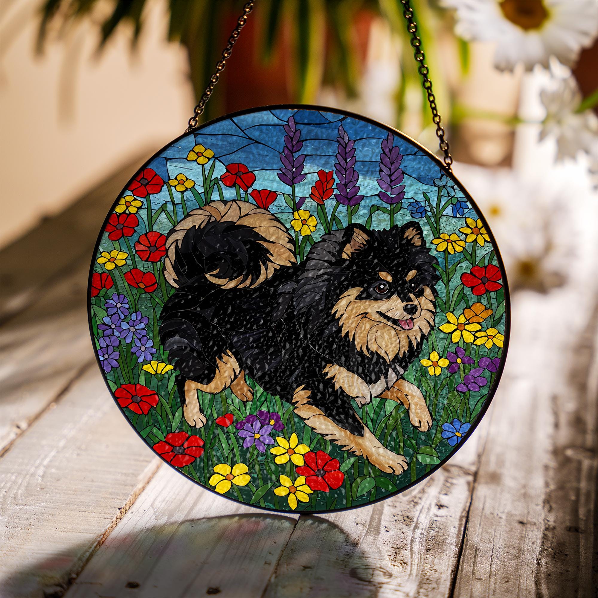 Black and Tan Pomeranian Glass Suncatcher, Stained Glass Dog Decor, Pet Memorial Gift, Floral Window Hanging, Dog Lover Gift,Wildflower Gift