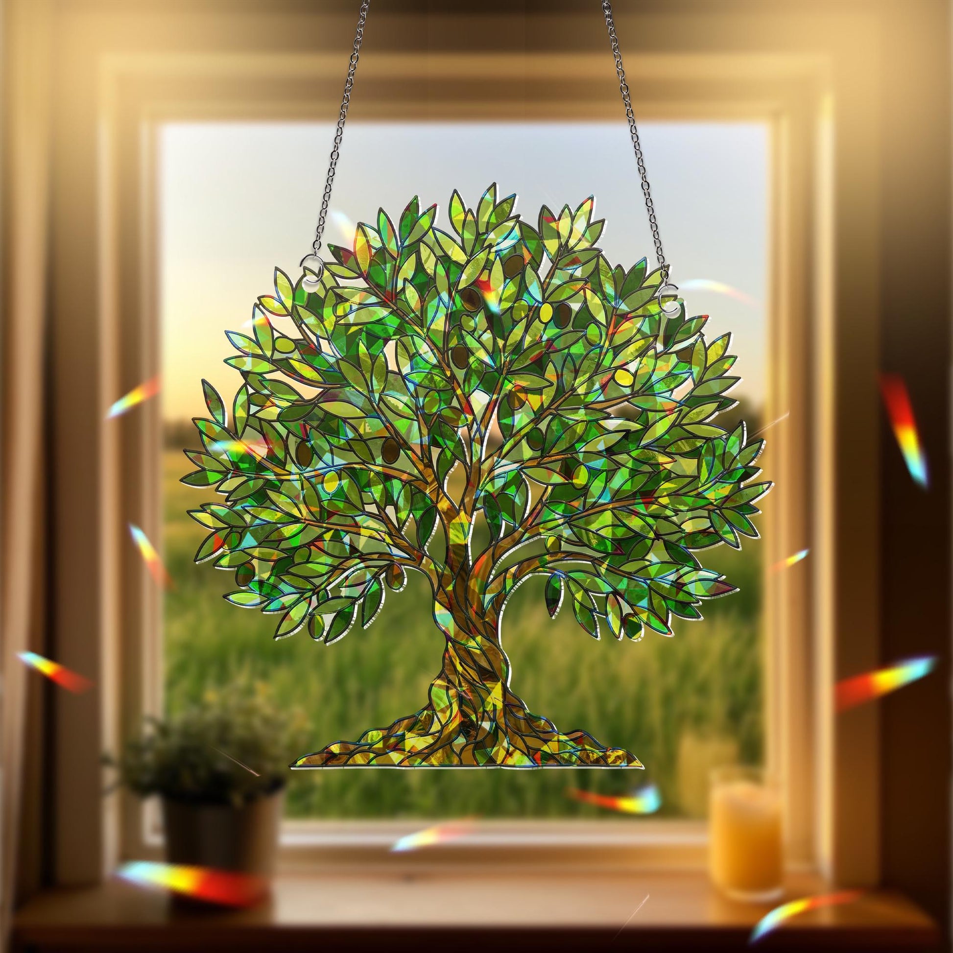 Olive Tree Hologram Acrylic Window Hanging, Iridescent Nature Suncatcher, Peaceful Plant Decor, Mediterranean Home Gift, Botanical Decor