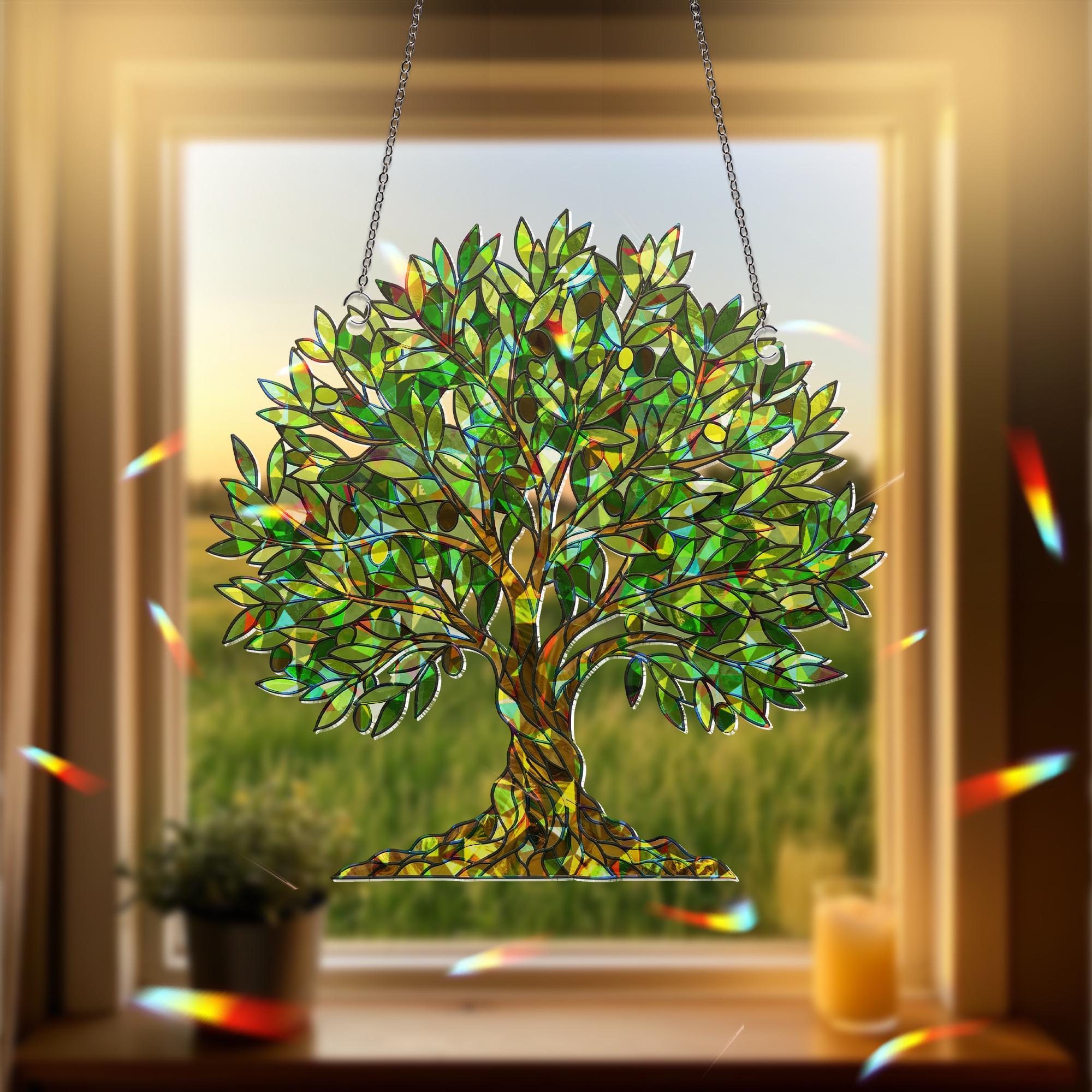Olive Tree Hologram Acrylic Window Hanging, Iridescent Nature Suncatcher, Peaceful Plant Decor, Mediterranean Home Gift, Botanical Decor