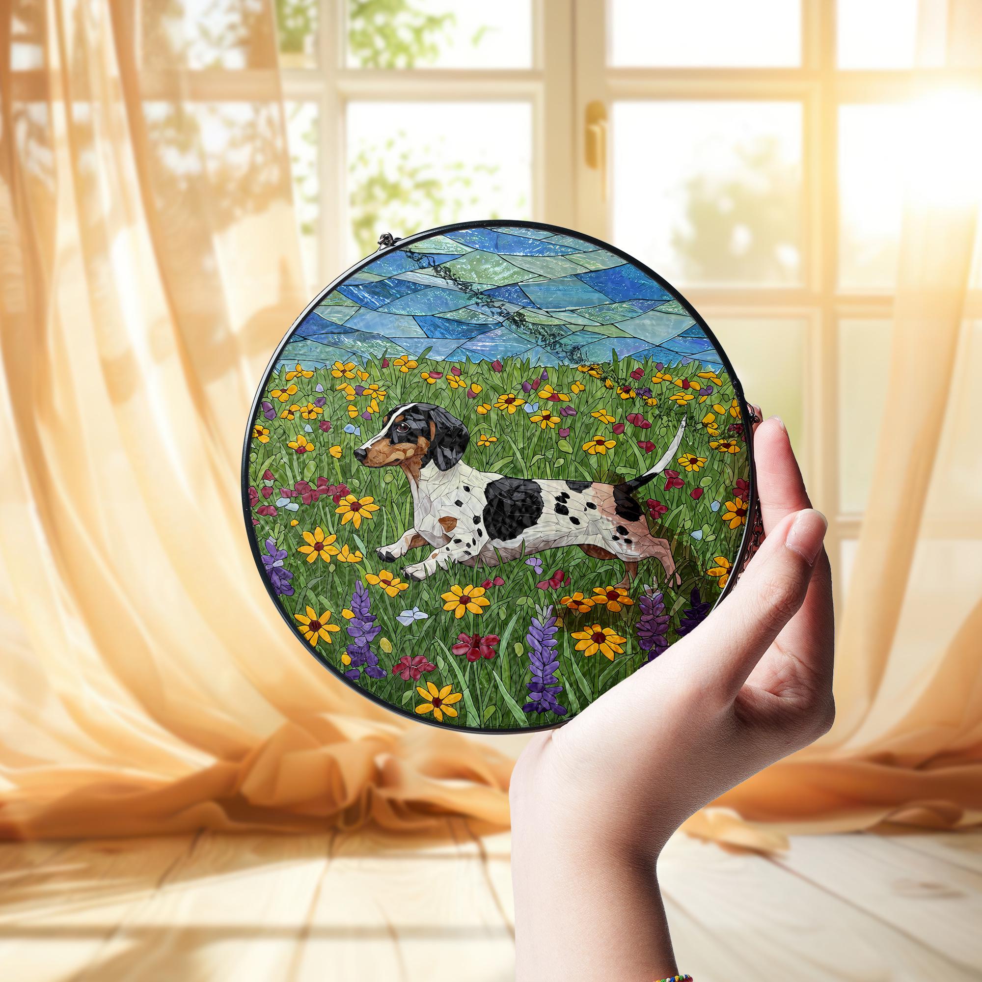 Piebald Dachshund Glass Suncatcher, Wildflower Dog Art, Running Doxie Decor, Stained Glass Window Hanging, Dog Lover Gift, Wildflower Gift