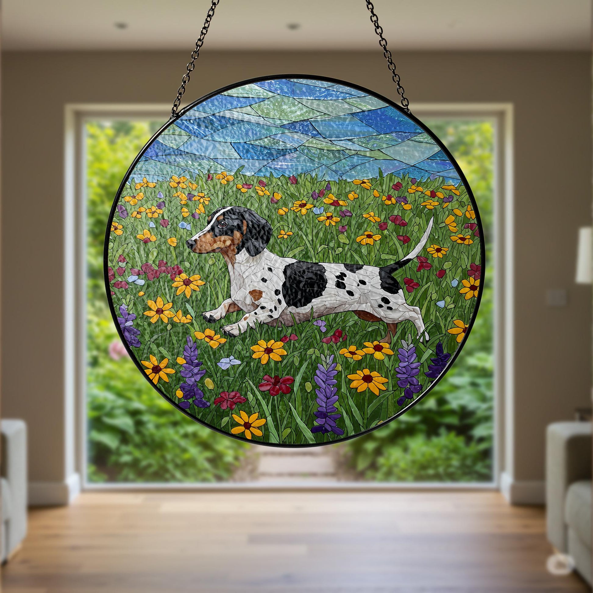 Piebald Dachshund Glass Suncatcher, Wildflower Dog Art, Running Doxie Decor, Stained Glass Window Hanging, Dog Lover Gift, Wildflower Gift