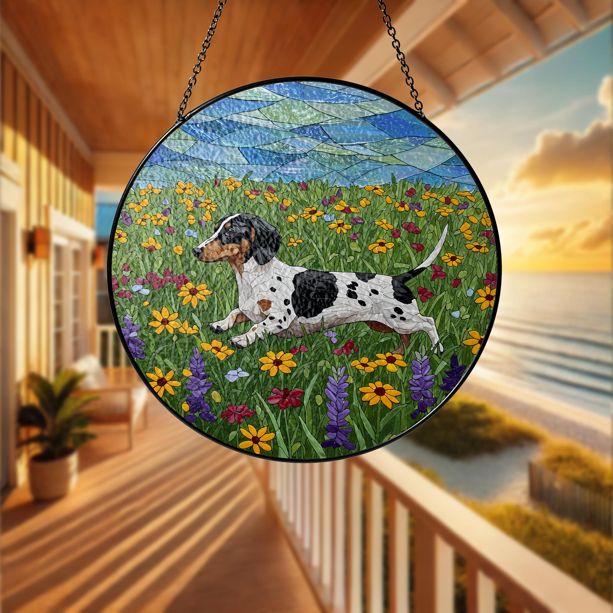 Piebald Dachshund Glass Suncatcher, Wildflower Dog Art, Running Doxie Decor, Stained Glass Window Hanging, Dog Lover Gift, Wildflower Gift