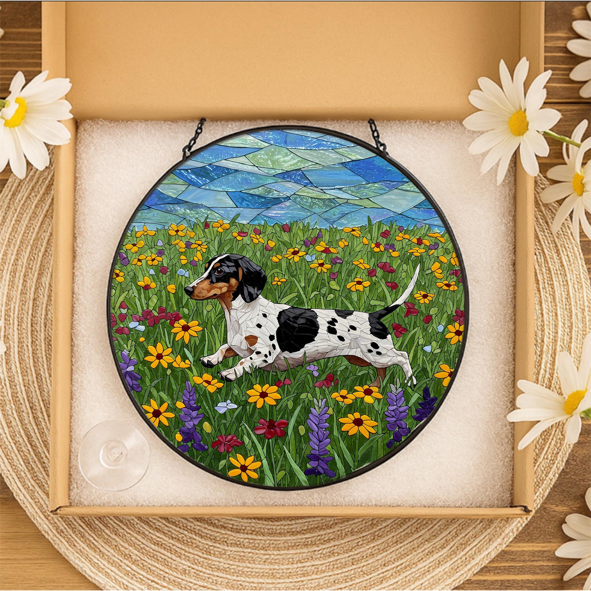 Piebald Dachshund Glass Suncatcher, Wildflower Dog Art, Running Doxie Decor, Stained Glass Window Hanging, Dog Lover Gift, Wildflower Gift