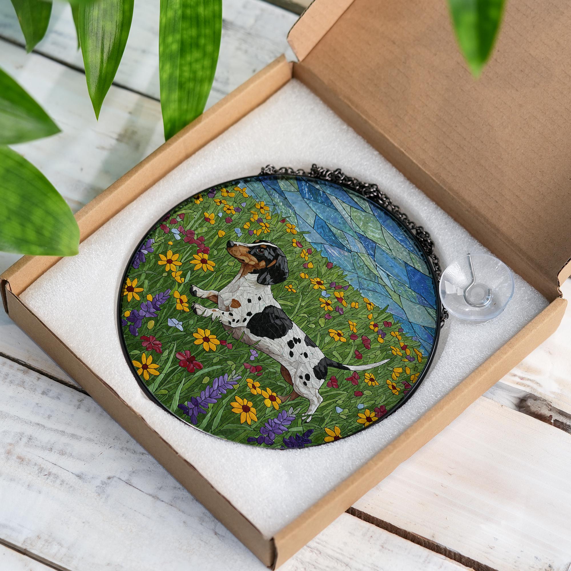 Piebald Dachshund Glass Suncatcher, Wildflower Dog Art, Running Doxie Decor, Stained Glass Window Hanging, Dog Lover Gift, Wildflower Gift