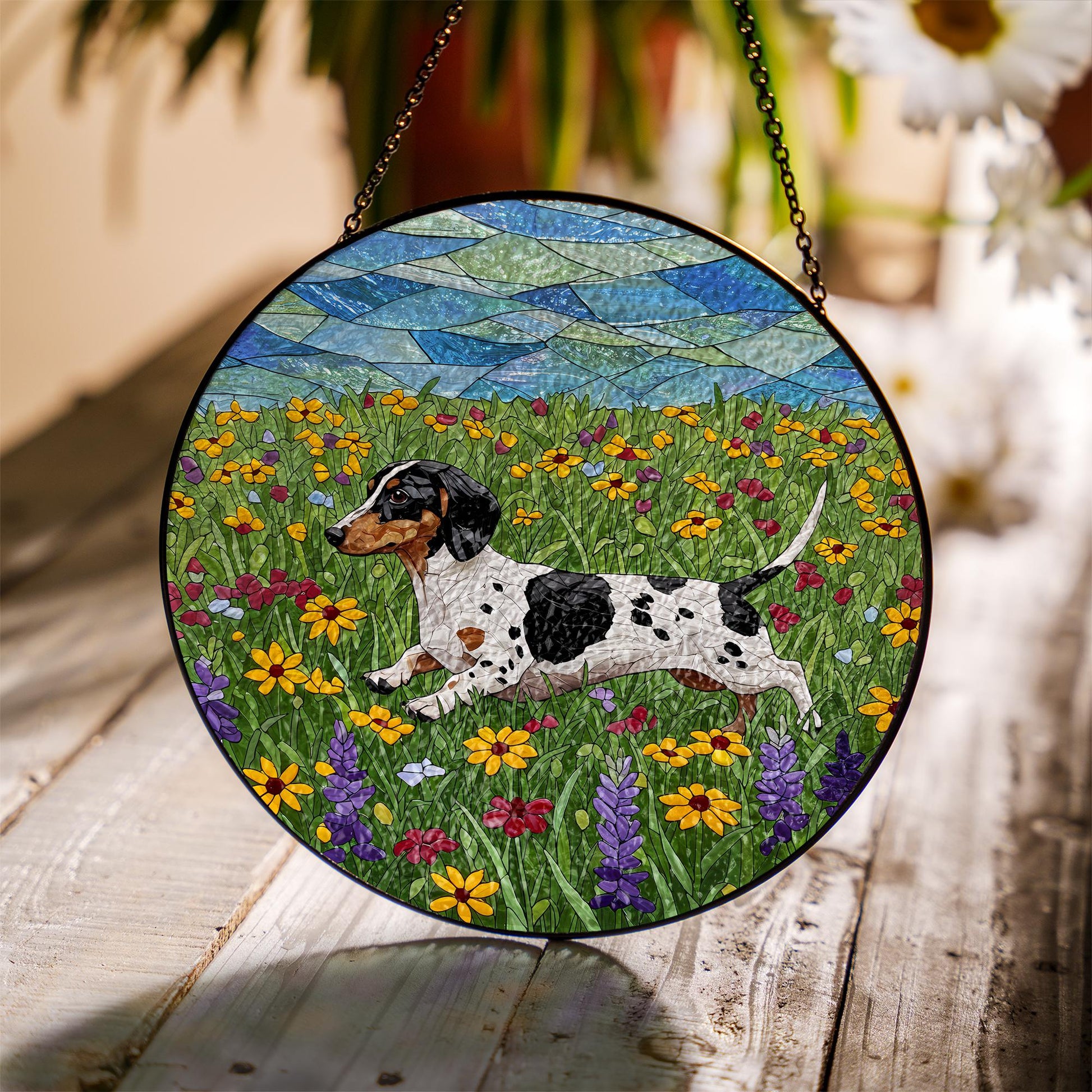 Piebald Dachshund Glass Suncatcher, Wildflower Dog Art, Running Doxie Decor, Stained Glass Window Hanging, Dog Lover Gift, Wildflower Gift