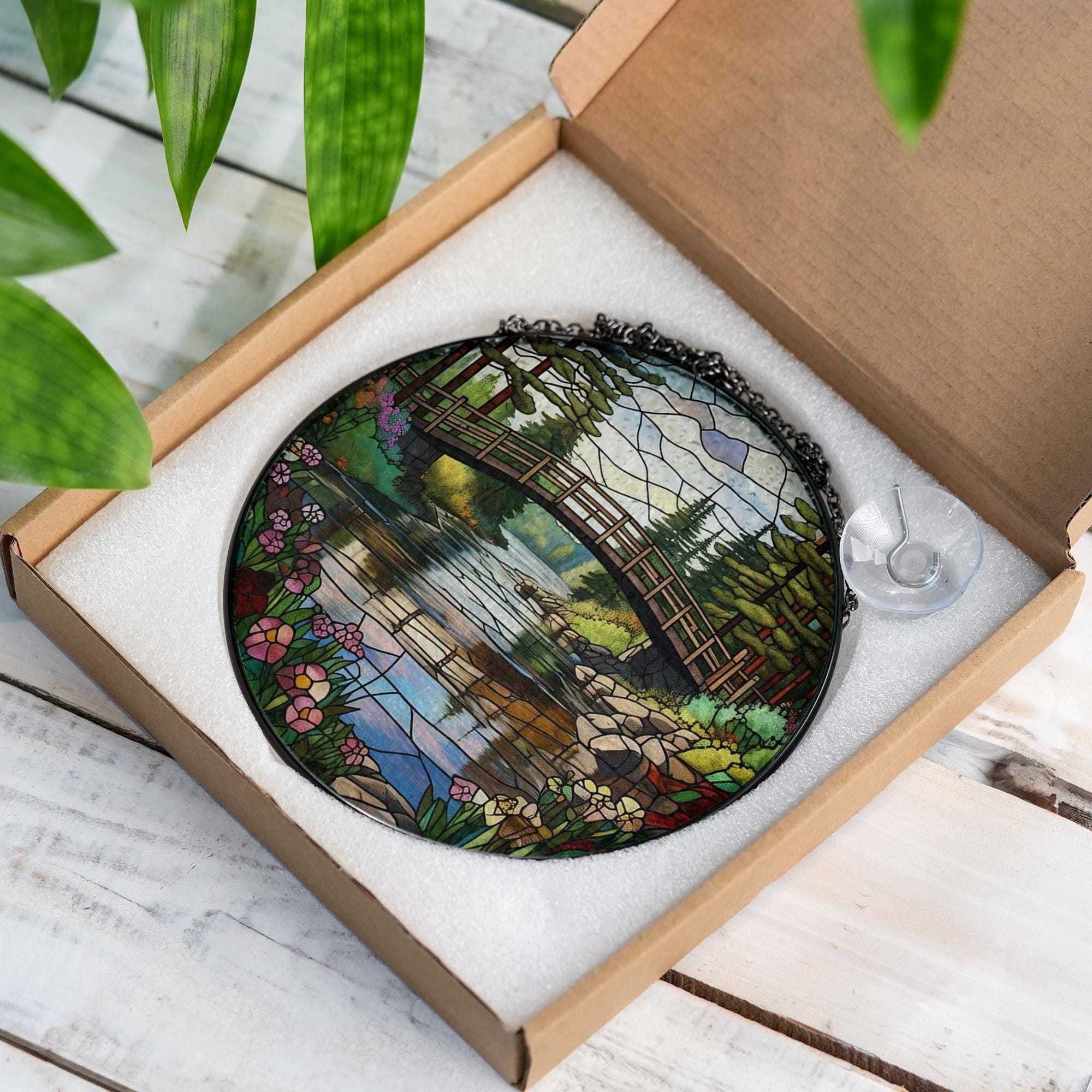 River Scene in Forest Glass Suncatcher – Nature Lover Gift, Woodland Decor, Tranquil River Art, Cabin Window Hanging, Forest Sun Catcher