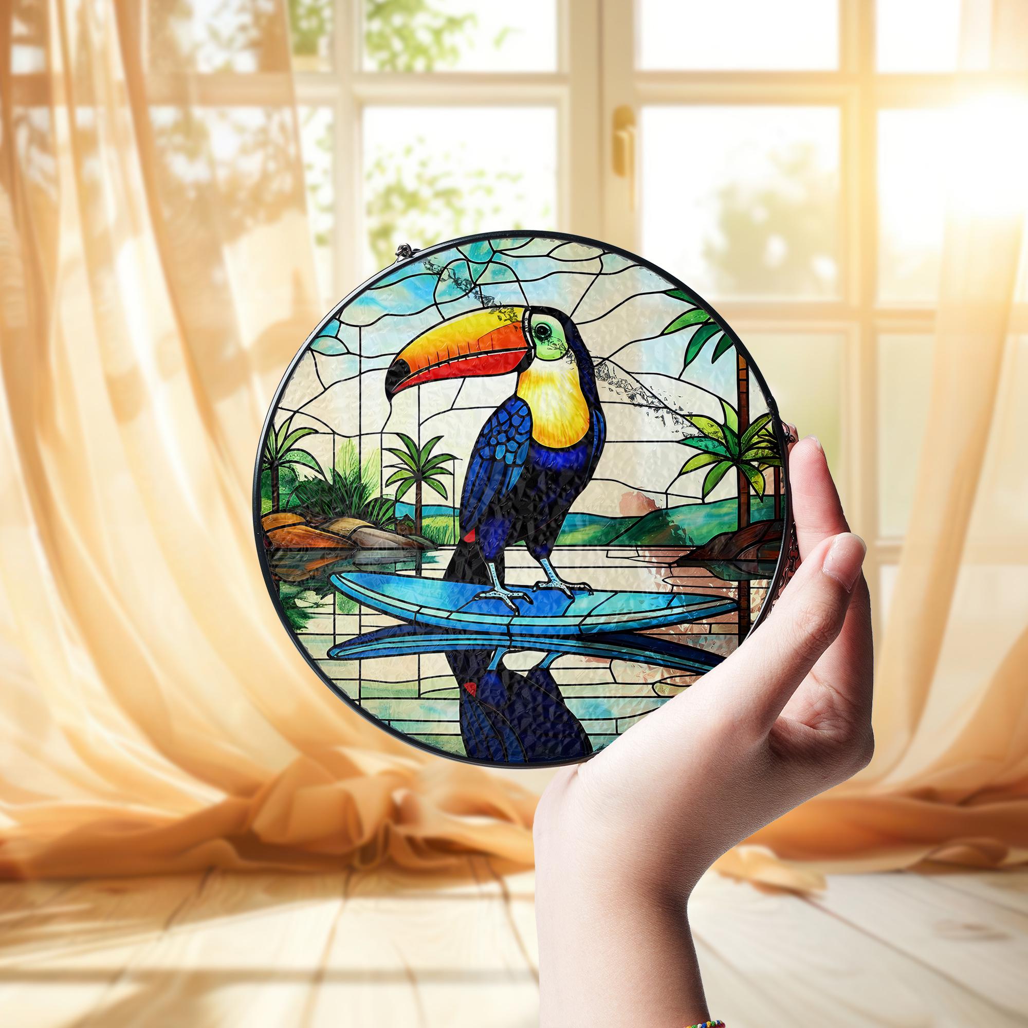 Toucan on Surfboard Glass Suncatcher – Tropical River Scene, Vibrant Sun Catcher, Beach Lover Gift, Summer Window Decor