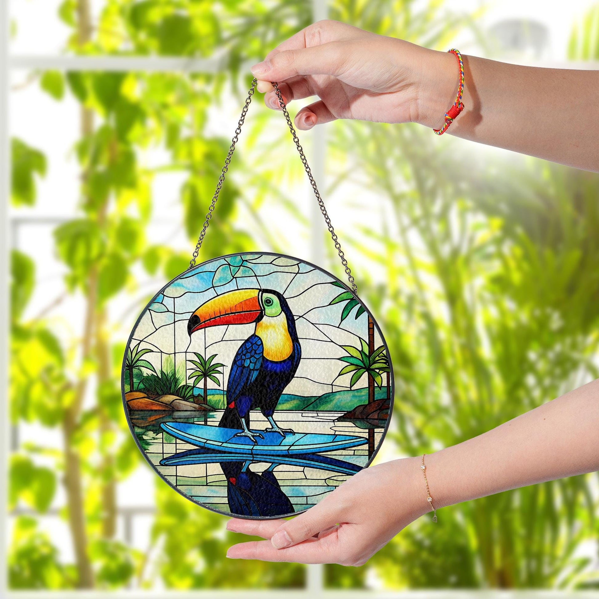 Toucan on Surfboard Glass Suncatcher – Tropical River Scene, Vibrant Sun Catcher, Beach Lover Gift, Summer Window Decor