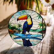 Toucan on Surfboard Glass Suncatcher – Tropical River Scene, Vibrant Sun Catcher, Beach Lover Gift, Summer Window Decor