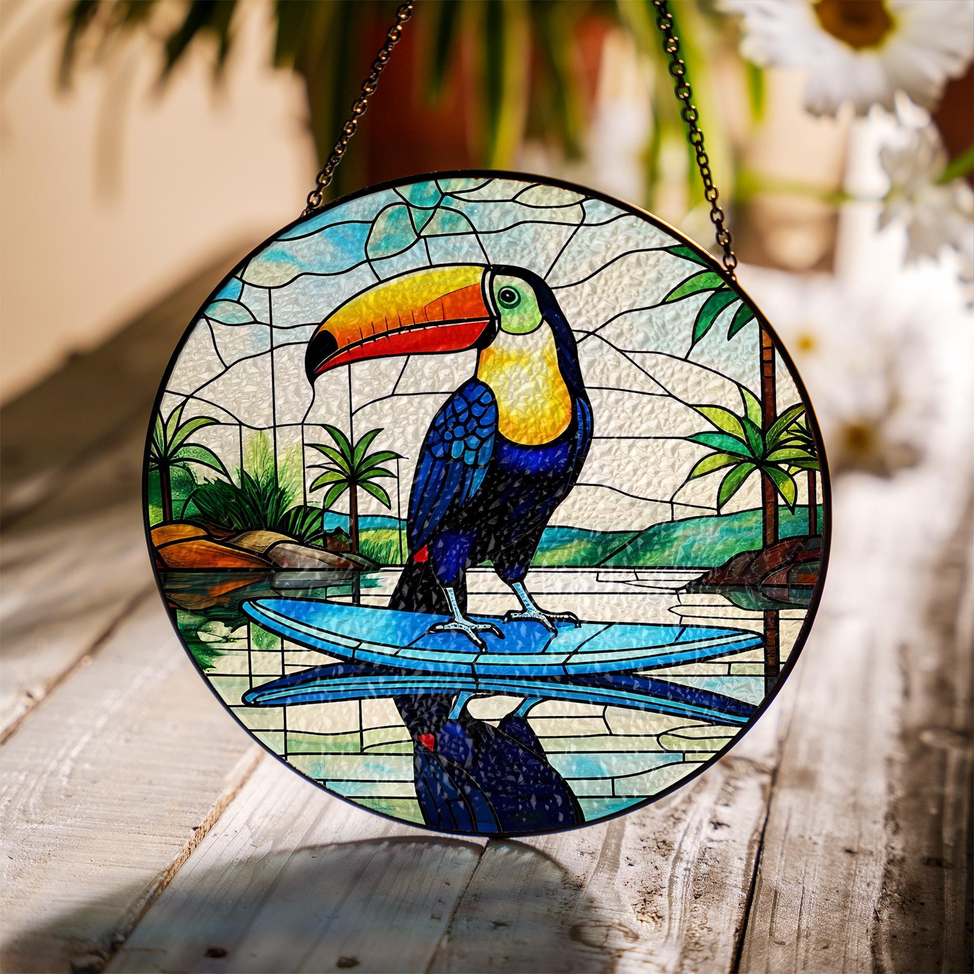 Toucan on Surfboard Glass Suncatcher – Tropical River Scene, Vibrant Sun Catcher, Beach Lover Gift, Summer Window Decor