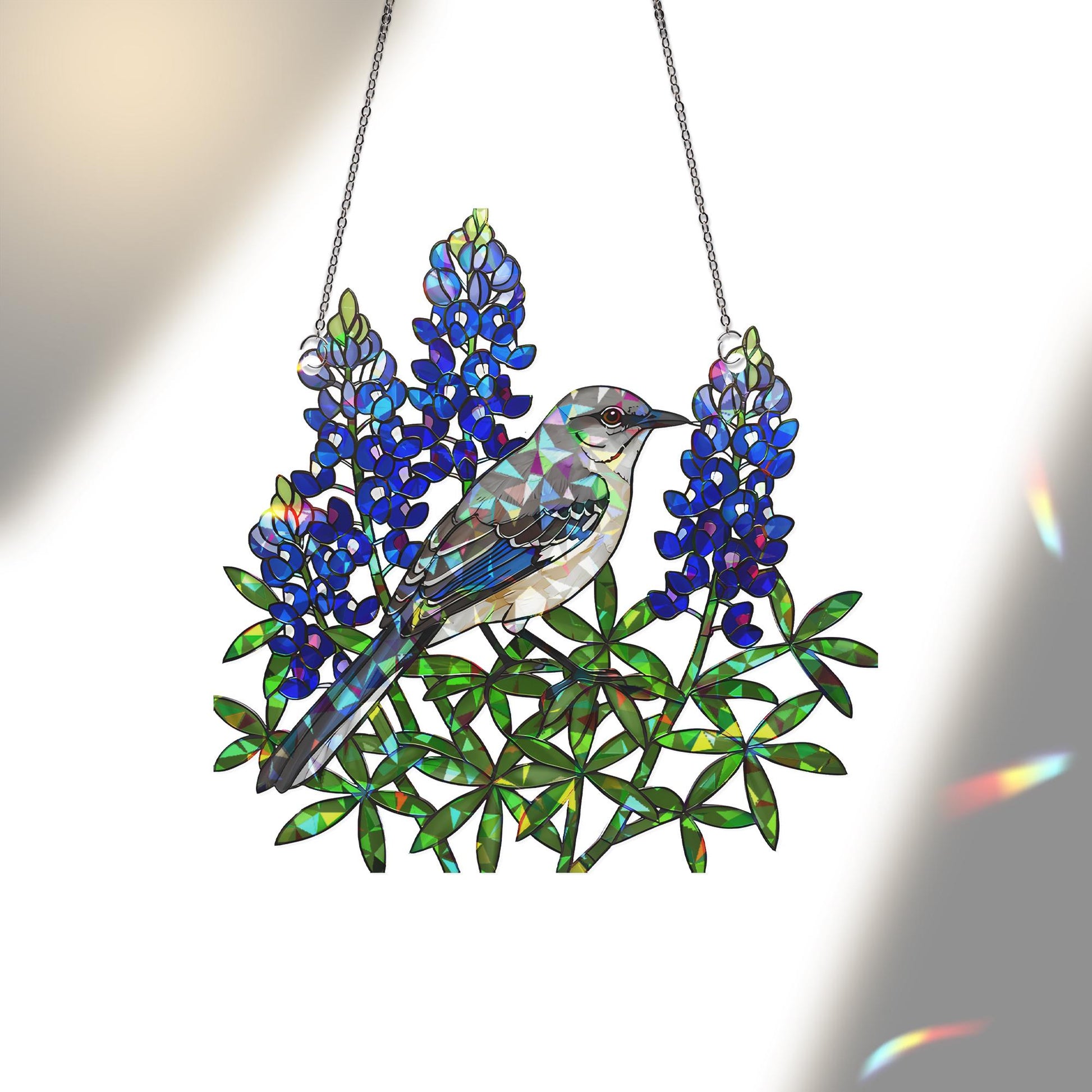 Texas Mockingbird Bluebonnet Suncatcher, Holographic Acrylic Bird Window Hanging, Floral Rainbow Catcher, Nature Home Decor Gift