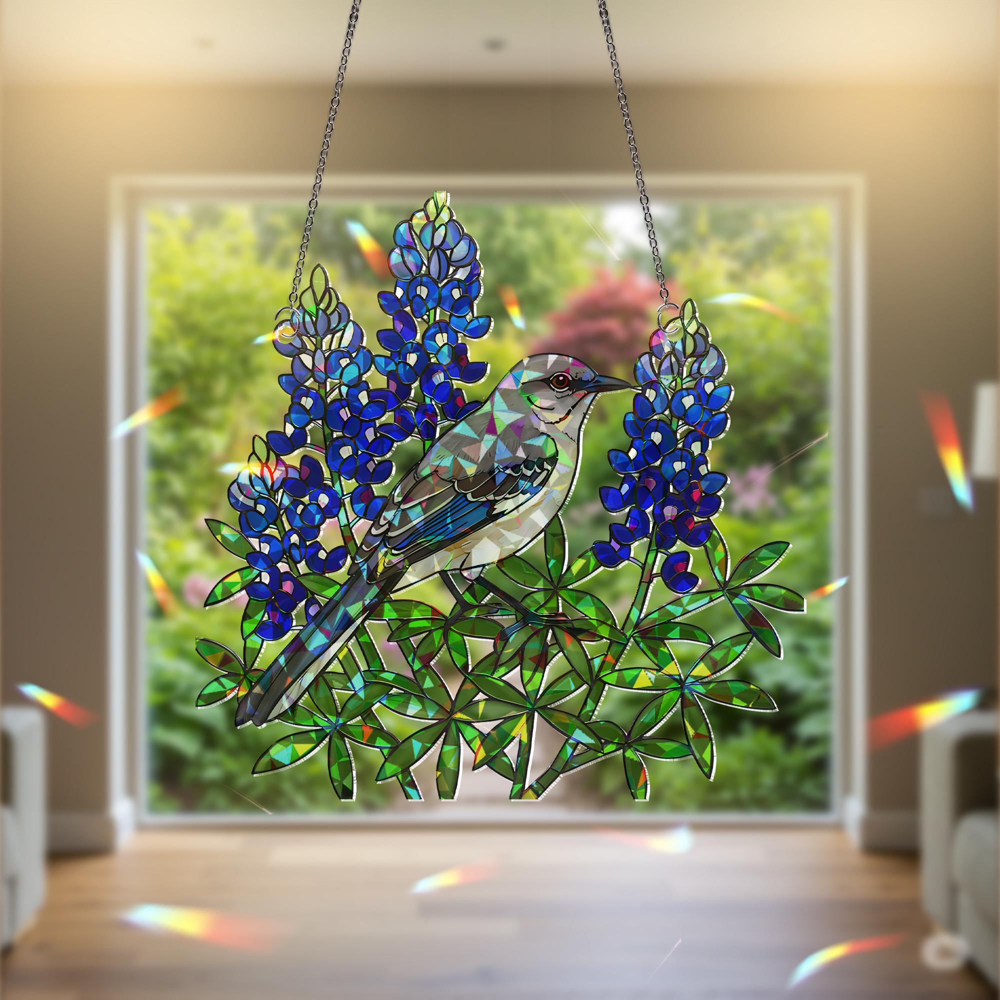 Texas Mockingbird Bluebonnet Suncatcher, Holographic Acrylic Bird Window Hanging, Floral Rainbow Catcher, Nature Home Decor Gift