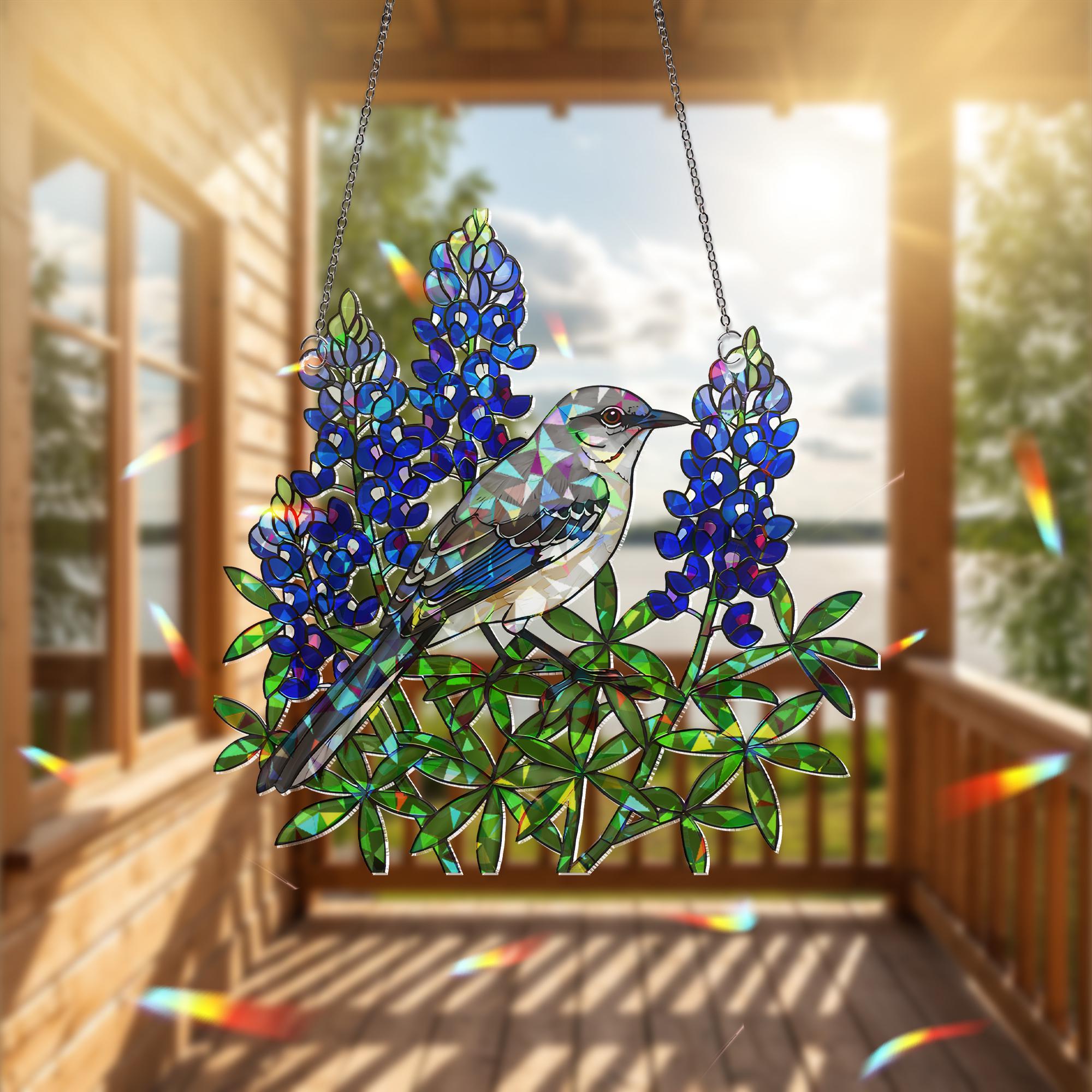 Texas Mockingbird Bluebonnet Suncatcher, Holographic Acrylic Bird Window Hanging, Floral Rainbow Catcher, Nature Home Decor Gift