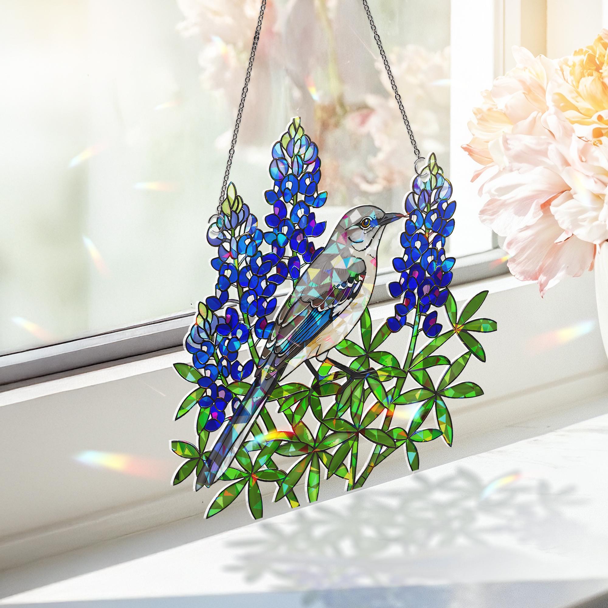 Texas Mockingbird Bluebonnet Suncatcher, Holographic Acrylic Bird Window Hanging, Floral Rainbow Catcher, Nature Home Decor Gift