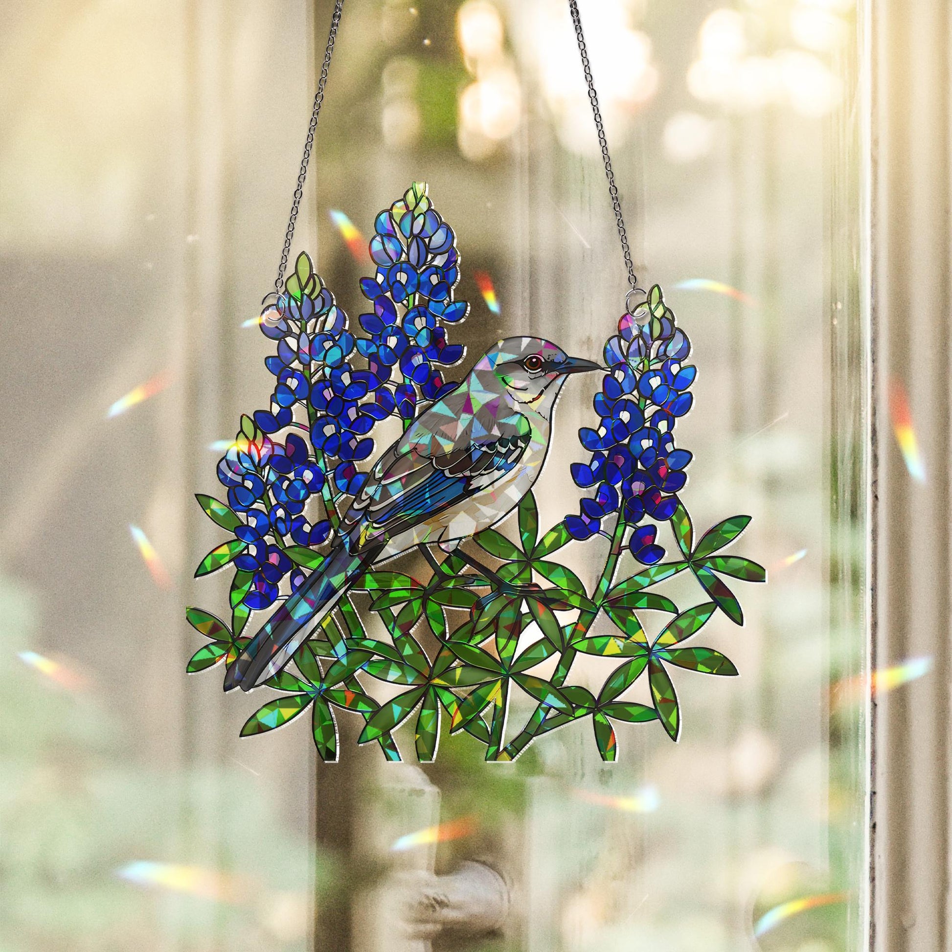 Texas Mockingbird Bluebonnet Suncatcher, Holographic Acrylic Bird Window Hanging, Floral Rainbow Catcher, Nature Home Decor Gift