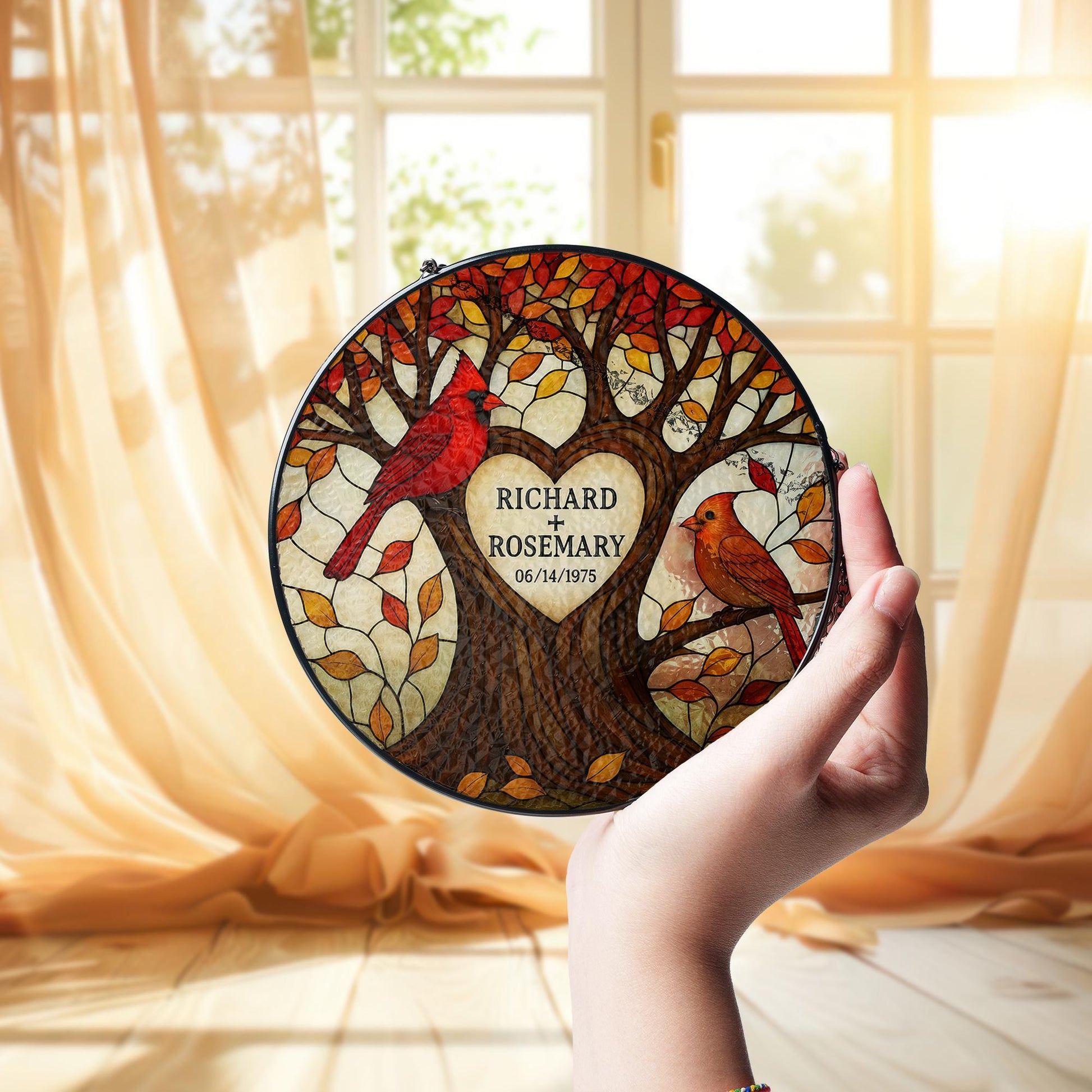 Personalized Glass Suncatcher | Tree of Life with Cardinals | Custom Couple Gift | Wedding or Anniversary Gift | Family Name Suncatcher