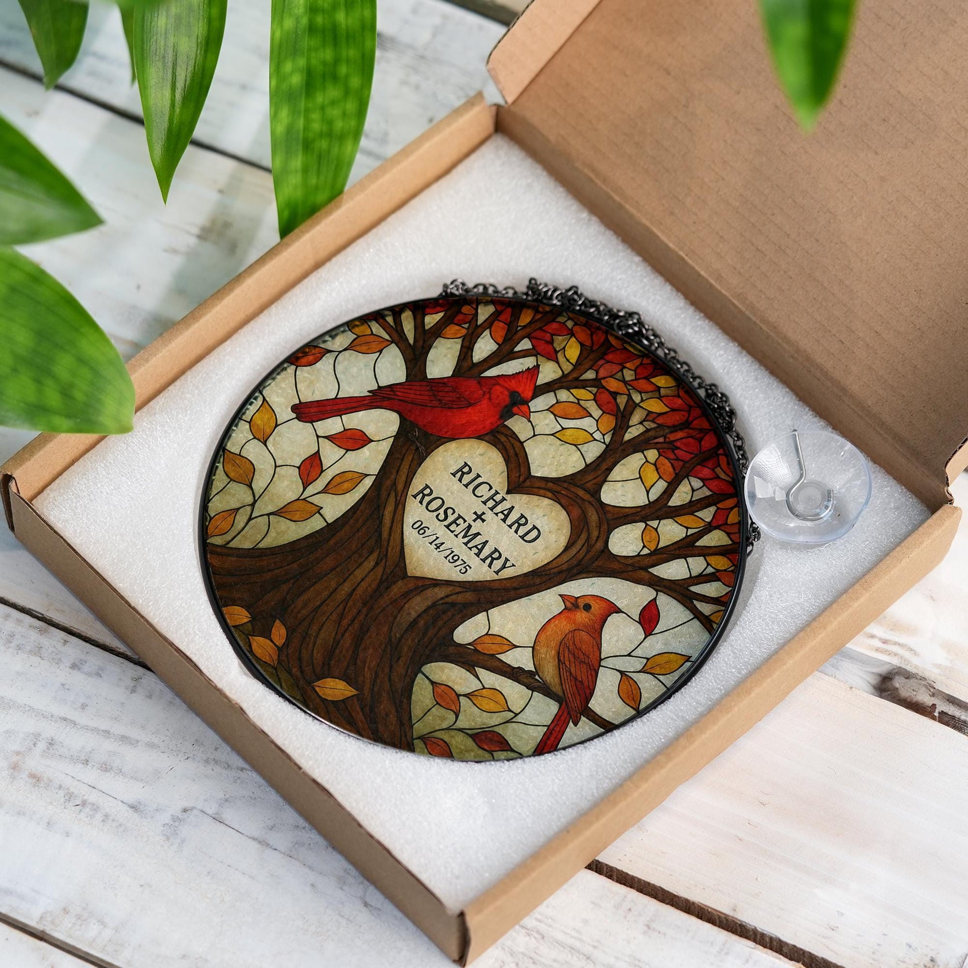 Personalized Glass Suncatcher | Tree of Life with Cardinals | Custom Couple Gift | Wedding or Anniversary Gift | Family Name Suncatcher