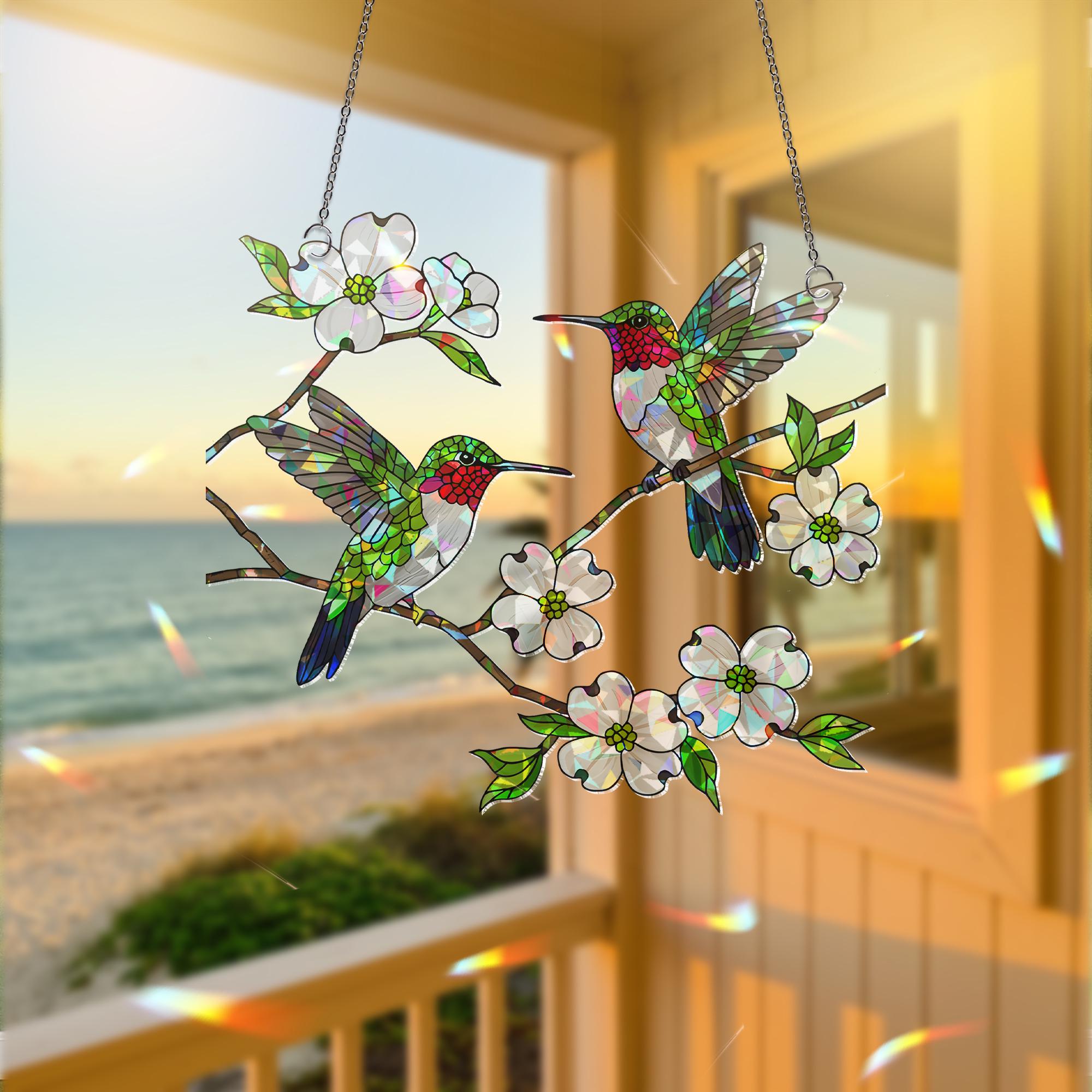 Hummingbird HologramWindow Hanging, Dogwood Flower Suncatcher, Acrylic Bird Decor, Spring Window Art, Nature Lover Gift