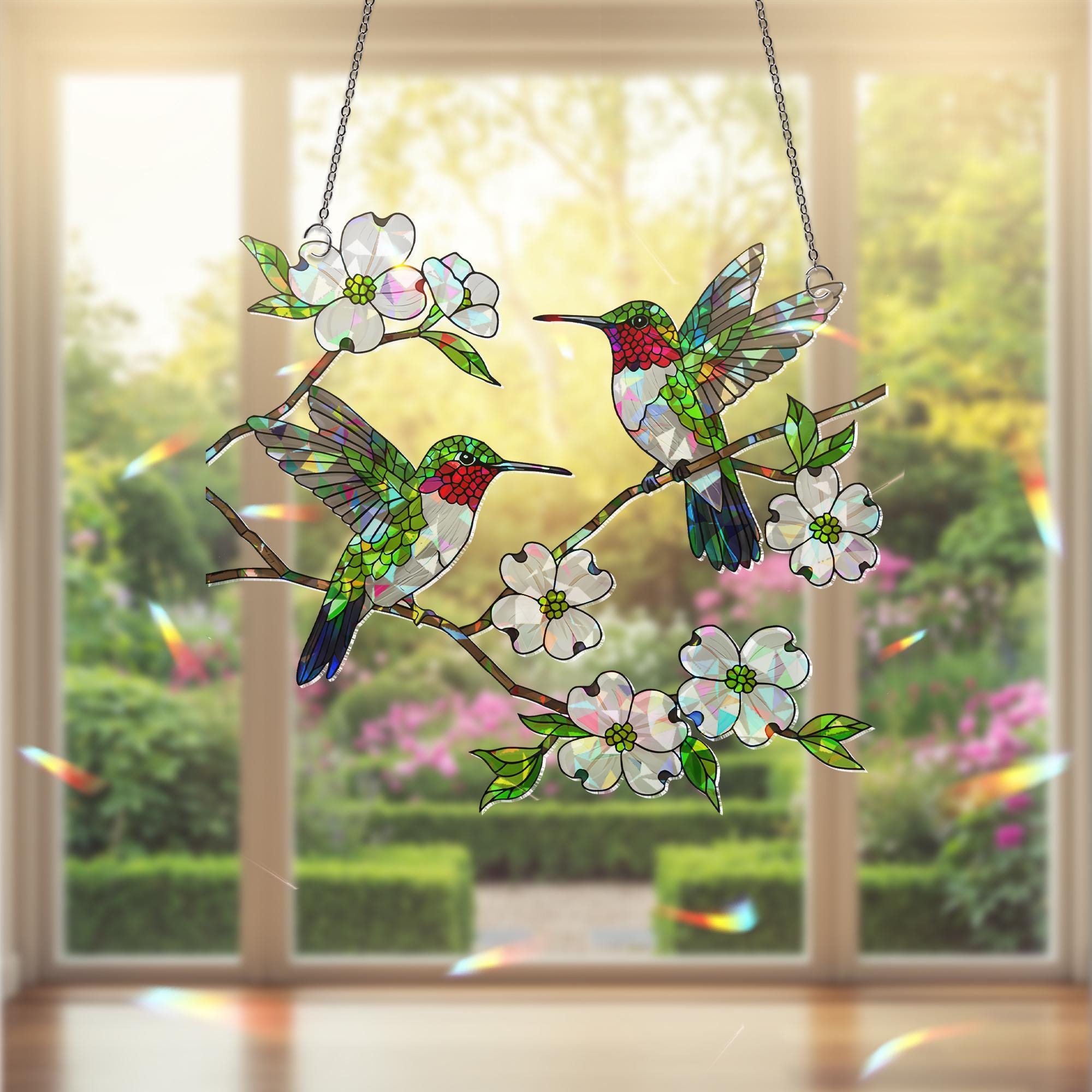 Hummingbird HologramWindow Hanging, Dogwood Flower Suncatcher, Acrylic Bird Decor, Spring Window Art, Nature Lover Gift