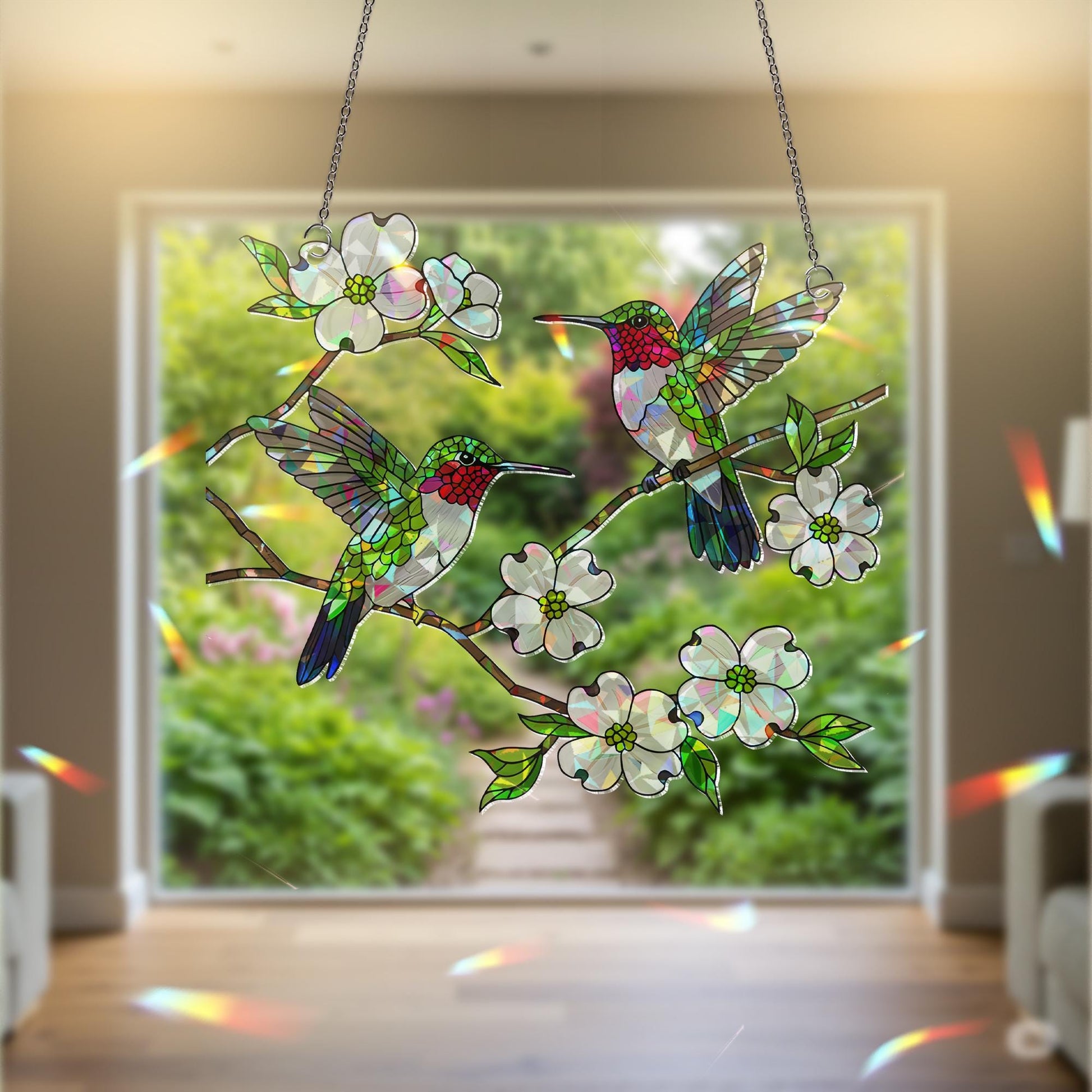 Hummingbird HologramWindow Hanging, Dogwood Flower Suncatcher, Acrylic Bird Decor, Spring Window Art, Nature Lover Gift