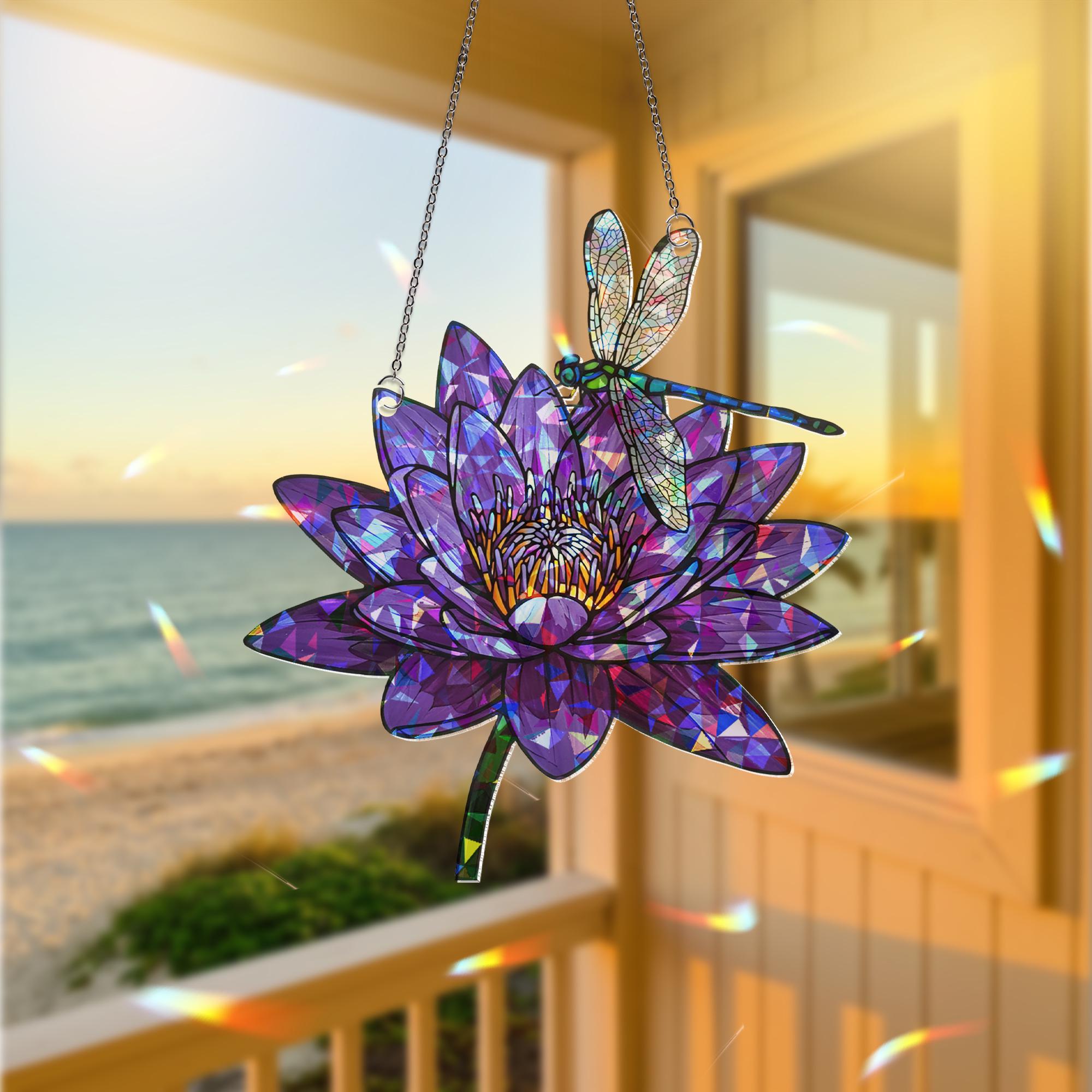 Dragonfly Water Lily Window Hanging, Purple Flower Suncatcher, Hologram Acrylic Decor, Nature Window Art, Garden Gift, Floral Decor