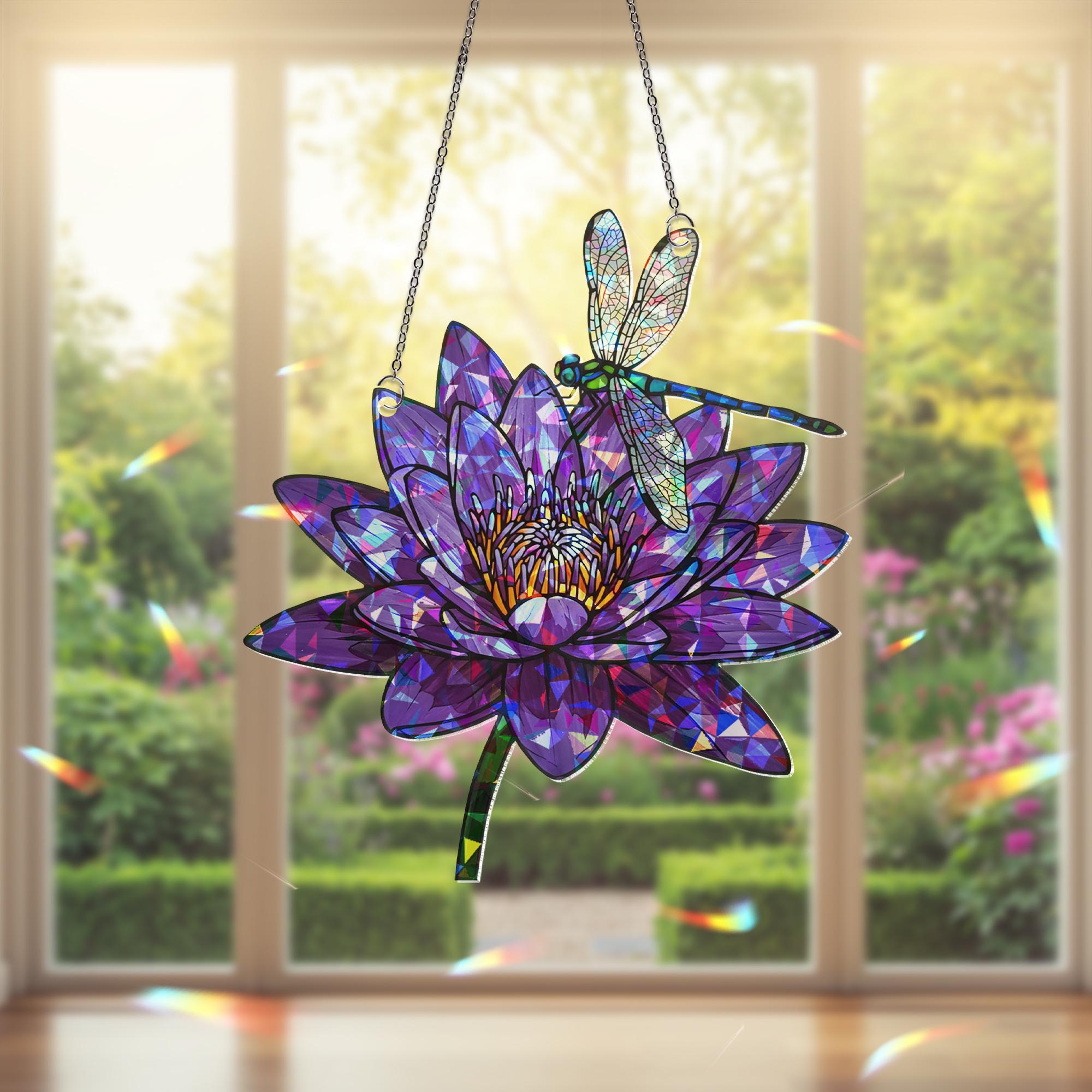 Dragonfly Water Lily Window Hanging, Purple Flower Suncatcher, Hologram Acrylic Decor, Nature Window Art, Garden Gift, Floral Decor