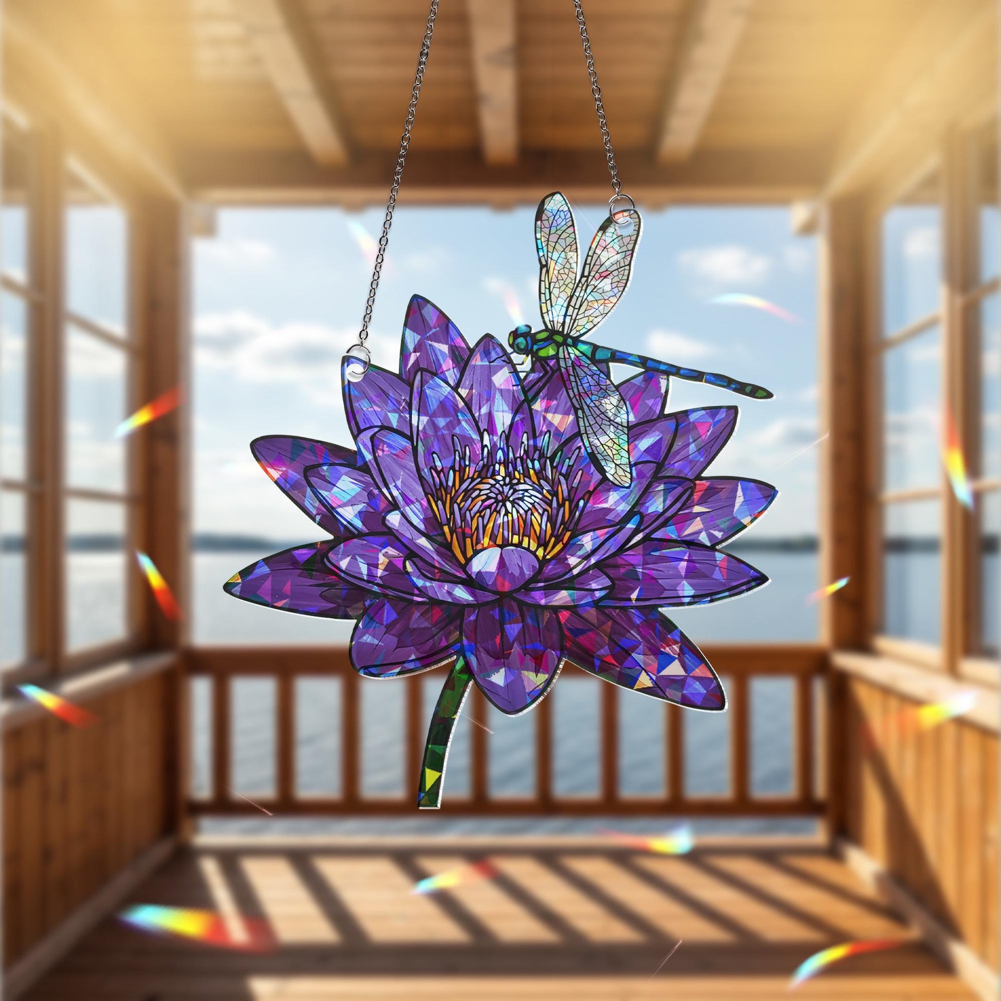 Dragonfly Water Lily Window Hanging, Purple Flower Suncatcher, Hologram Acrylic Decor, Nature Window Art, Garden Gift, Floral Decor