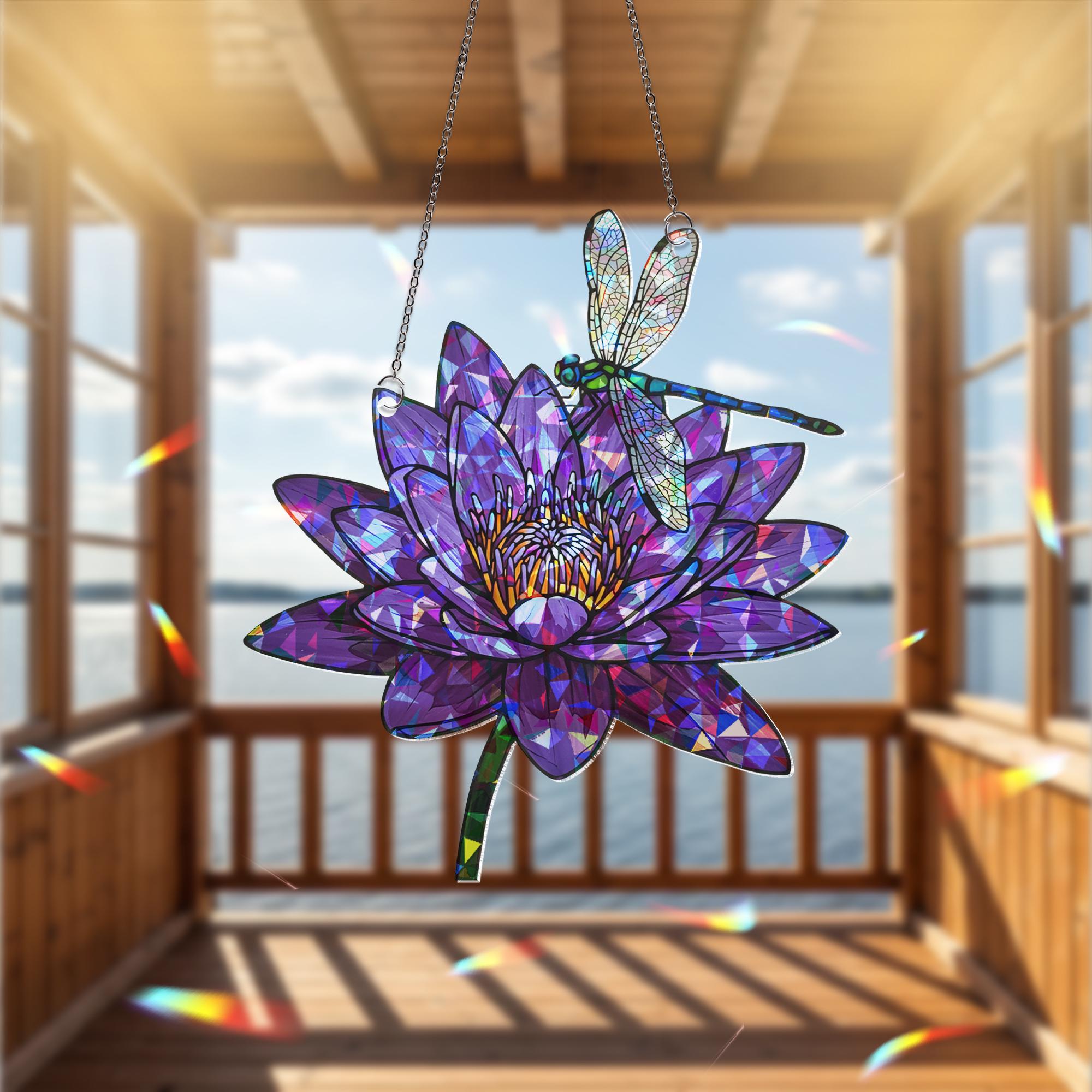 Dragonfly Water Lily Window Hanging, Purple Flower Suncatcher, Hologram Acrylic Decor, Nature Window Art, Garden Gift, Floral Decor