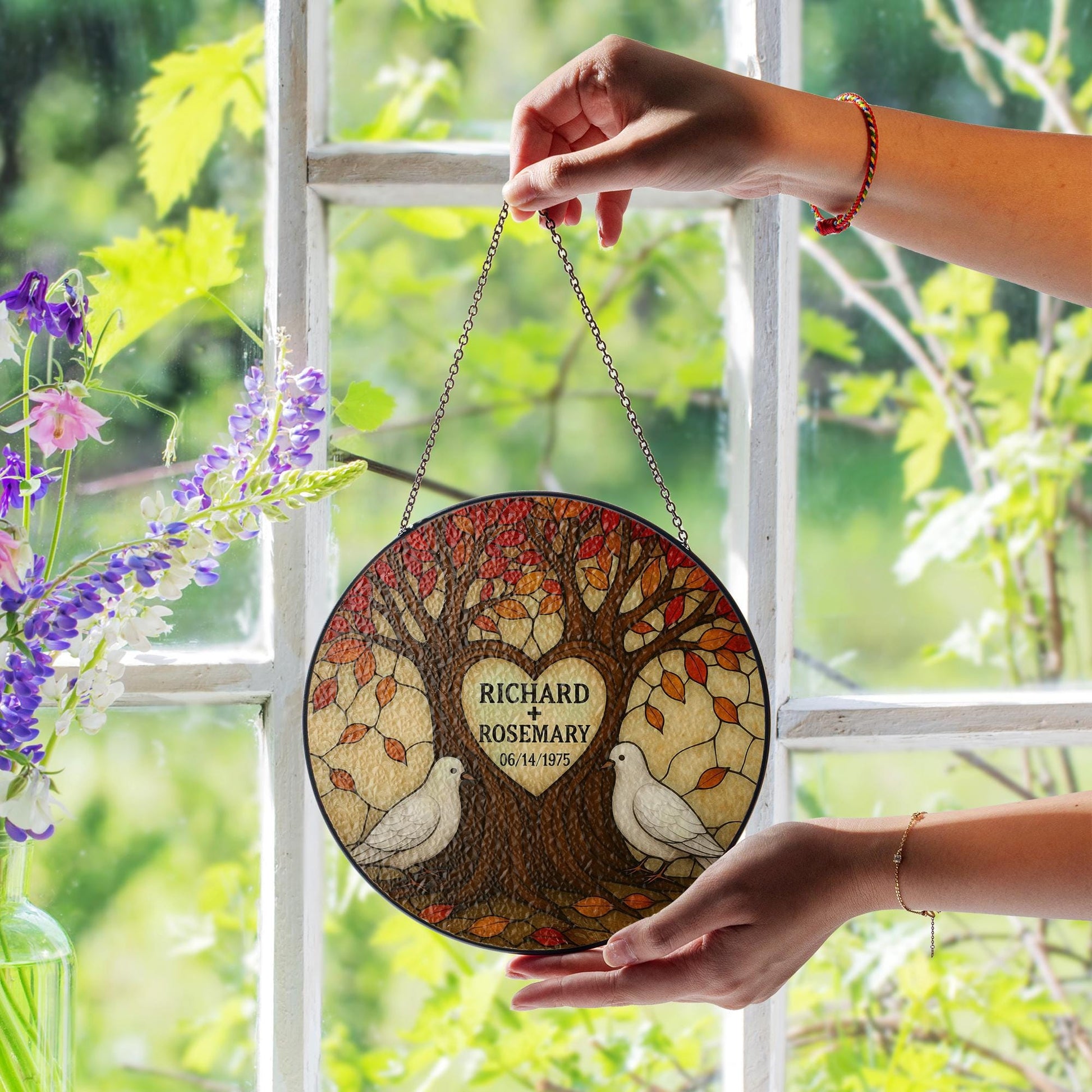 Personalized Glass Suncatcher | Tree of Life with Doves | Custom Couple Gift | Wedding or Anniversary Gift | Family Name Suncatcher