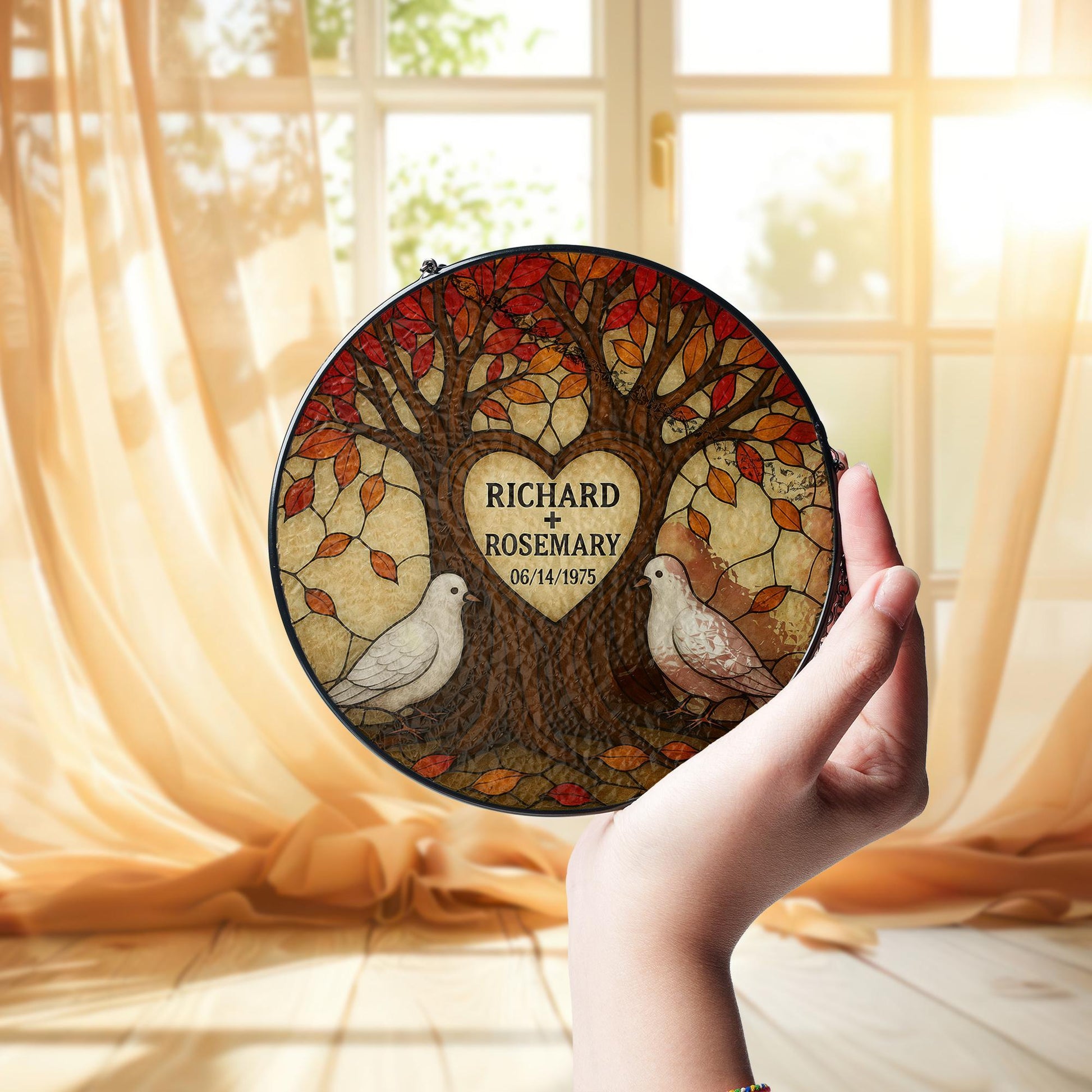 Personalized Glass Suncatcher | Tree of Life with Doves | Custom Couple Gift | Wedding or Anniversary Gift | Family Name Suncatcher