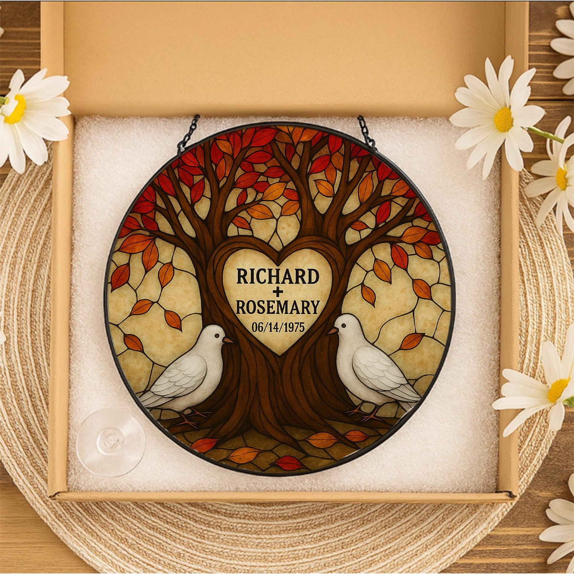 Personalized Glass Suncatcher | Tree of Life with Doves | Custom Couple Gift | Wedding or Anniversary Gift | Family Name Suncatcher