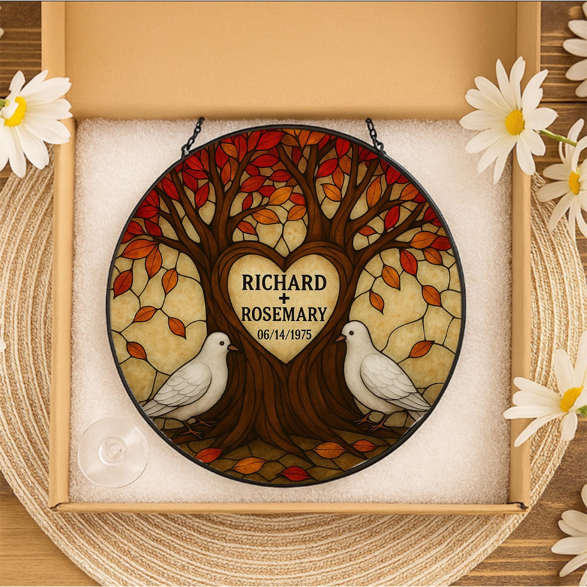 Personalized Glass Suncatcher | Tree of Life with Doves | Custom Couple Gift | Wedding or Anniversary Gift | Family Name Suncatcher