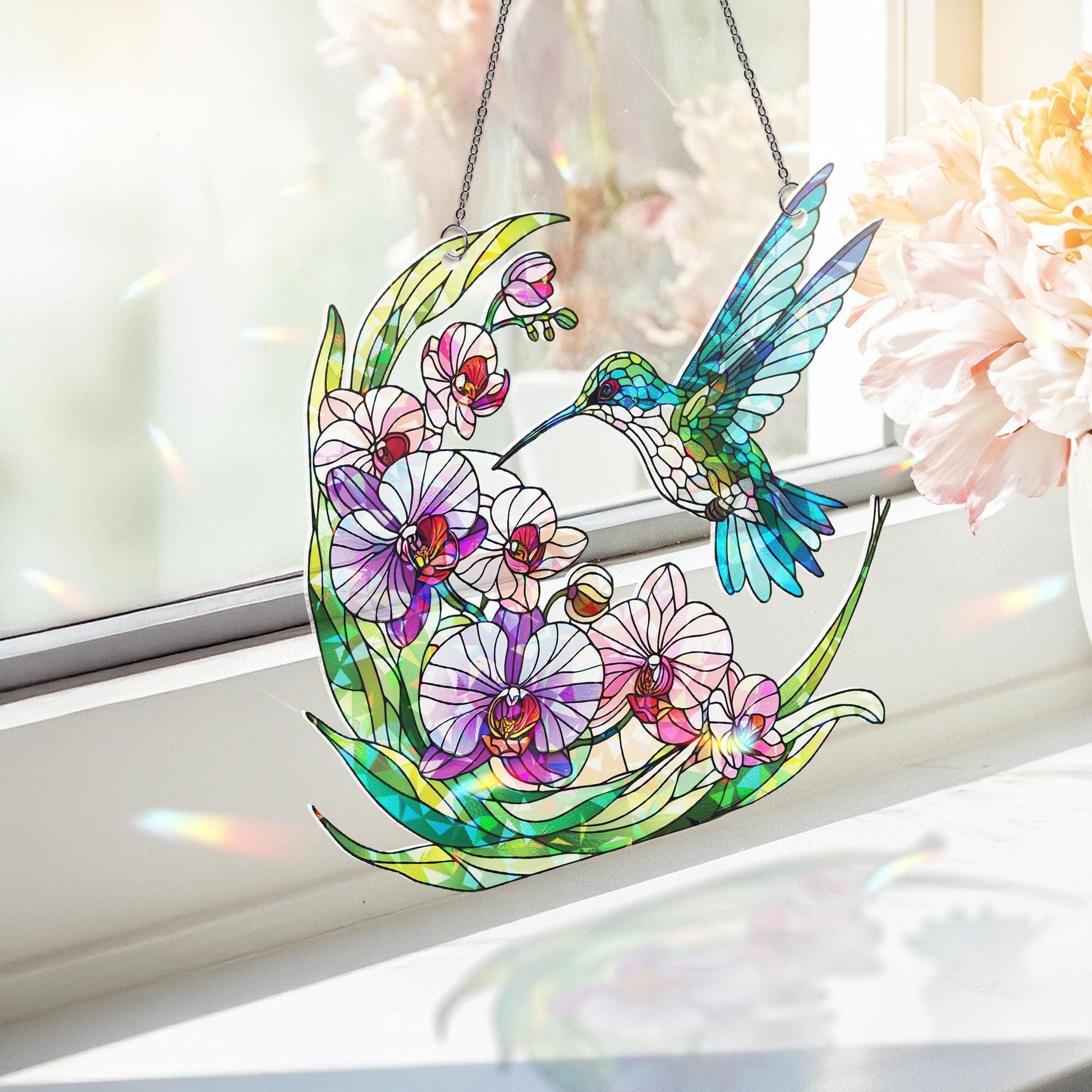 Hummingbird Holographic Acrylic Suncatcher | Hummingbird and Orchid Design |Window Decor | Unique Nature-Themed Suncatcher | Bird Lover Gift