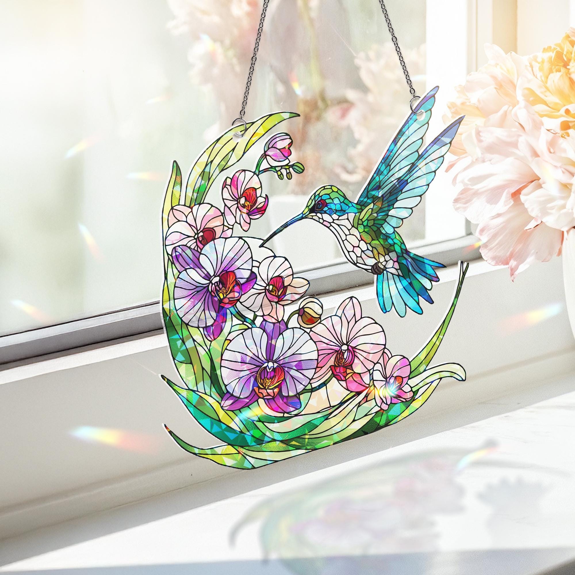 Hummingbird Holographic Acrylic Suncatcher | Hummingbird and Orchid Design |Window Decor | Unique Nature-Themed Suncatcher | Bird Lover Gift
