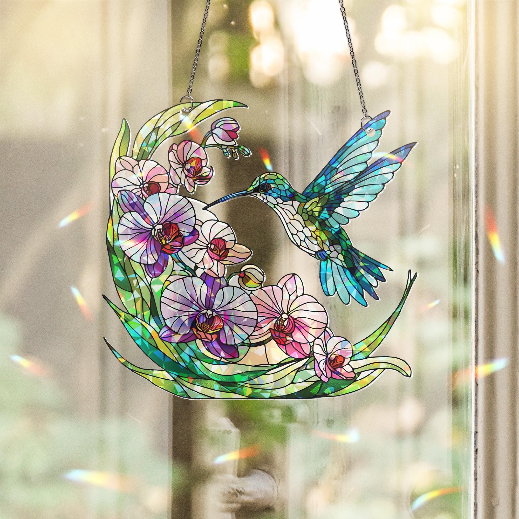 Hummingbird Holographic Acrylic Suncatcher | Hummingbird and Orchid Design |Window Decor | Unique Nature-Themed Suncatcher | Bird Lover Gift