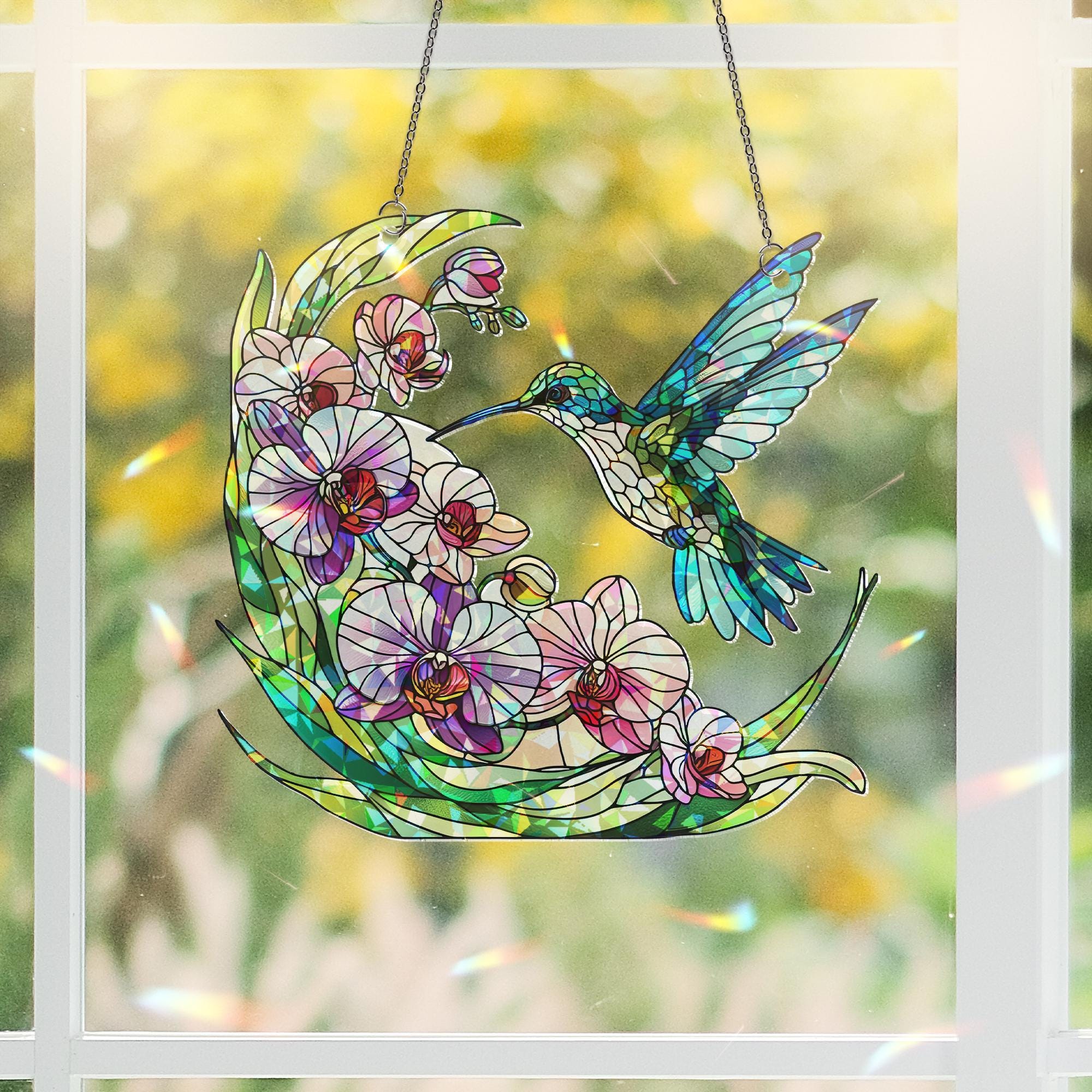 Hummingbird Holographic Acrylic Suncatcher | Hummingbird and Orchid Design |Window Decor | Unique Nature-Themed Suncatcher | Bird Lover Gift