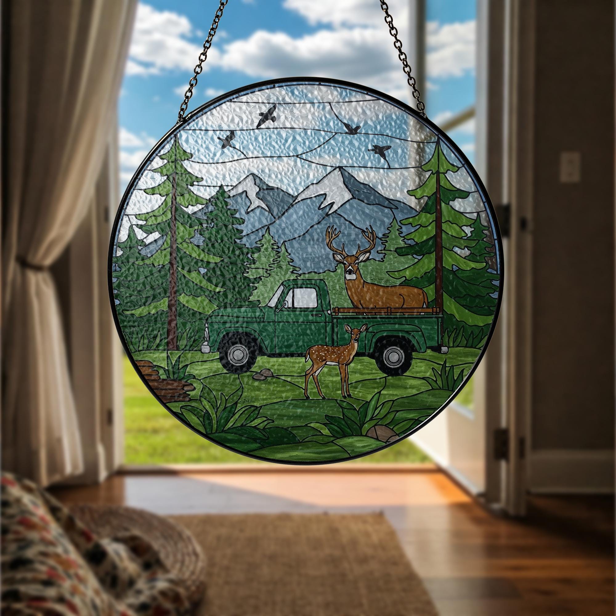Forest, Deer, Truck Glass Suncatcher – Rustic Wildlife Window Hanging – Nature Light Catcher, Cabin Decor Gift for Outdoorsmen, Gift For Dad
