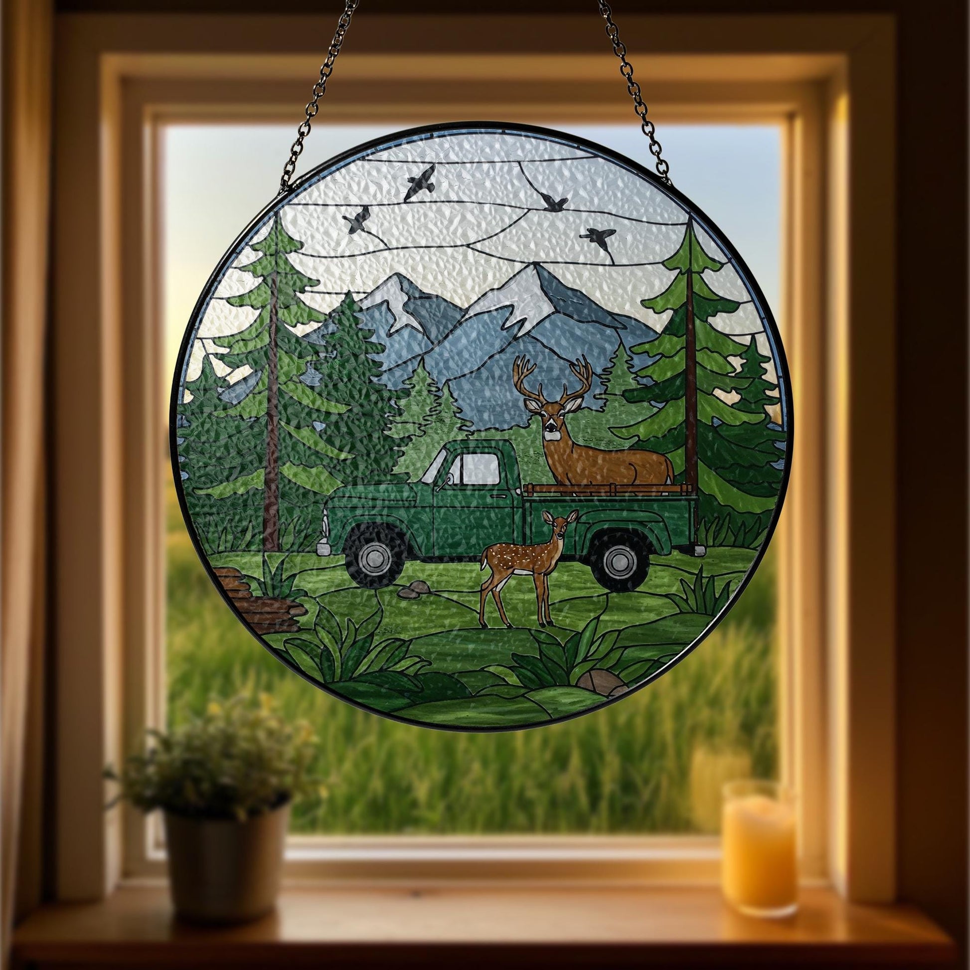 Forest, Deer, Truck Glass Suncatcher – Rustic Wildlife Window Hanging – Nature Light Catcher, Cabin Decor Gift for Outdoorsmen, Gift For Dad
