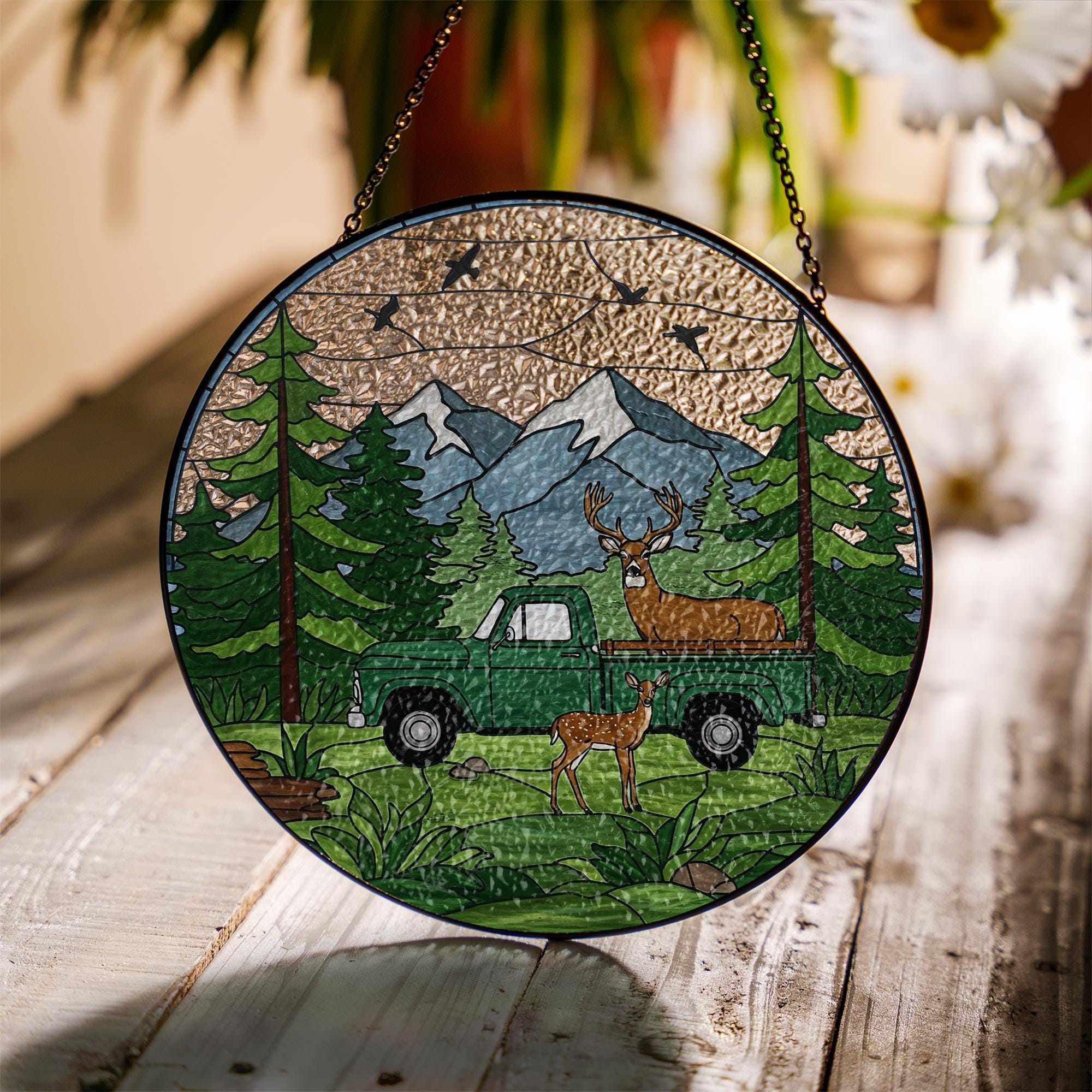 Forest, Deer, Truck Glass Suncatcher – Rustic Wildlife Window Hanging – Nature Light Catcher, Cabin Decor Gift for Outdoorsmen, Gift For Dad