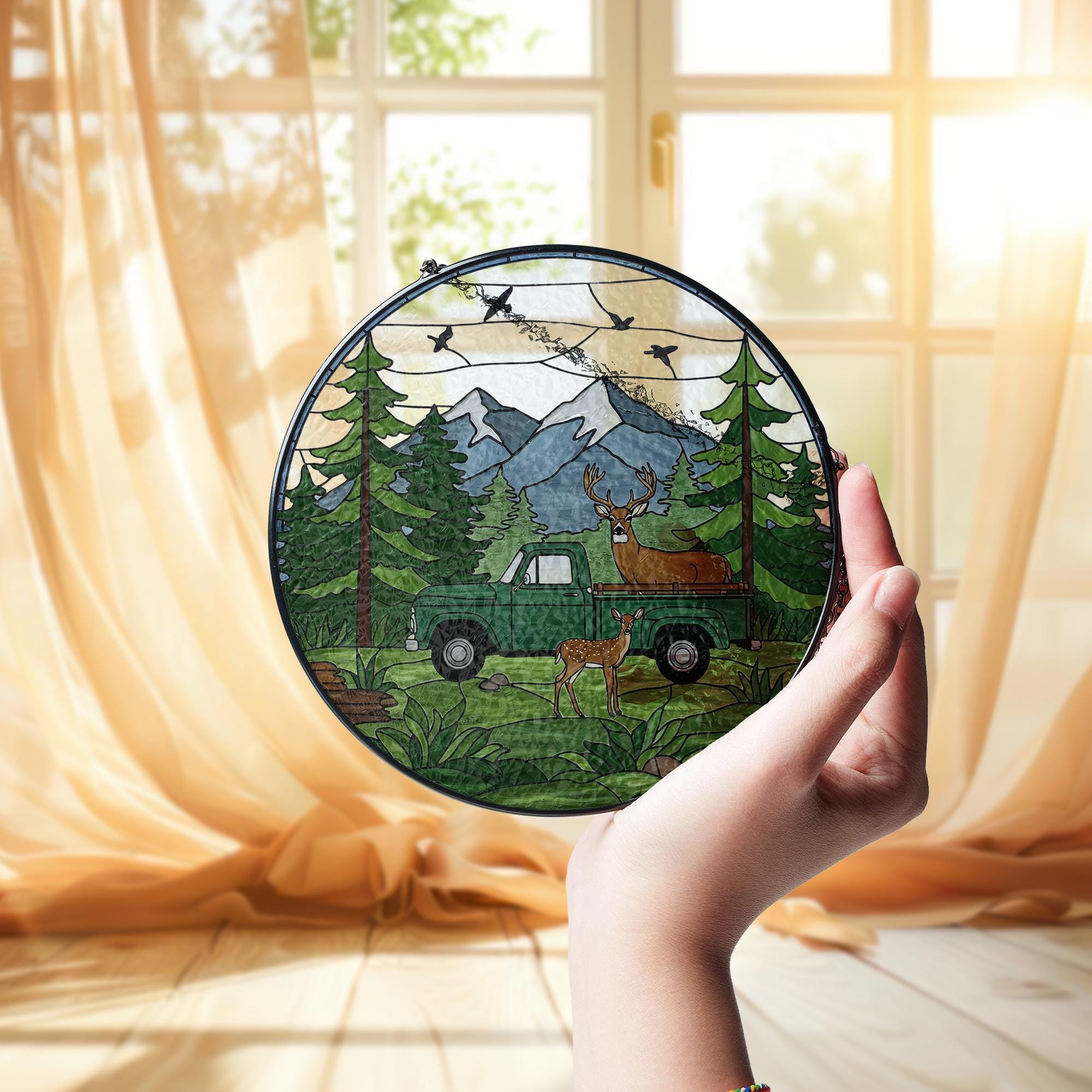 Forest, Deer, Truck Glass Suncatcher – Rustic Wildlife Window Hanging – Nature Light Catcher, Cabin Decor Gift for Outdoorsmen, Gift For Dad
